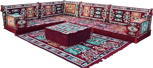Miniatura 11 de arabicsofa Sofá de piso árabe granate en forma de L - Juego de asientos modulares de esquina para habitación de invitados