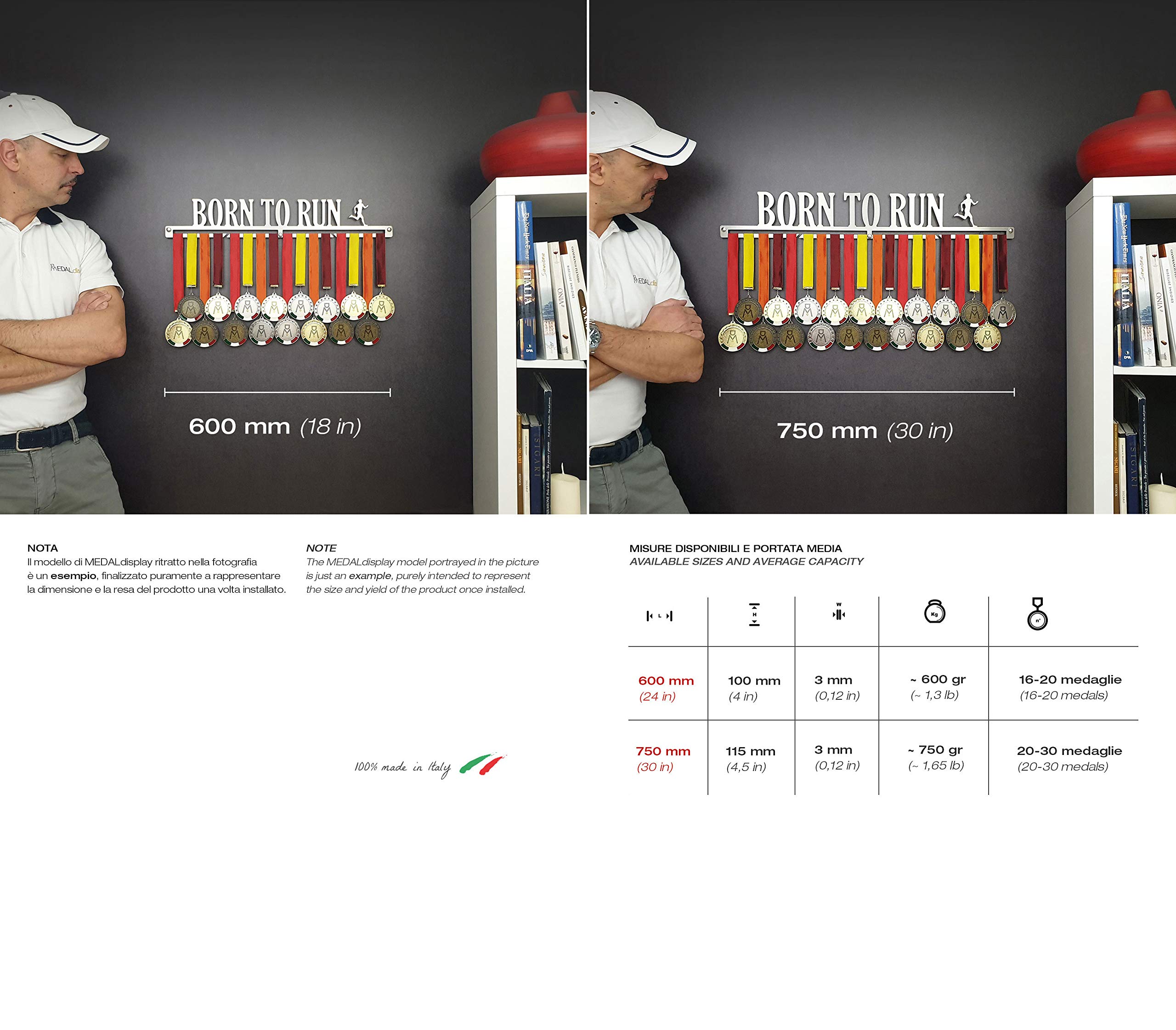 MEDALdisplay Nothing is Impossible - Medaillen Aufhänger - Wandhalterung für Medaillens Running, Marathon - Medaillenhalter - Sport Medal Hanger - Gebürsteter Edelstahl - 100% Made in Italy