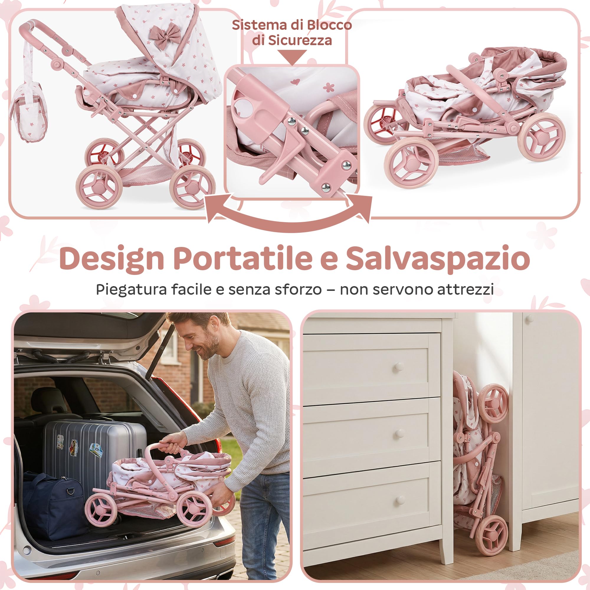 Kinderplay Passeggino per bambole 3 in 1 rosa con borsa per il trasporto – Passeggino regolabile in altezza 36,5 – 64 cm, pieghevole, ruote in schiuma silenziose, per bambole fino a 40 cm, dai 3 anni