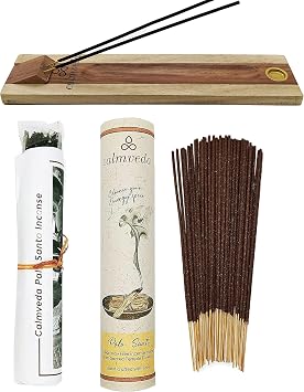 CALMVEDA, Palo Santo Incense with Rosewood Incense Holder 80 Sticks + 1 Holder | Beautiful Natural Incense and Holder Combo for Home Decor and Spiritual Practice