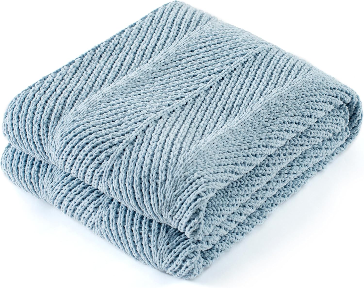 Chenille Knit Throw Blanket Fluffy Fuzzy Soft Lightweight Cozy Farmhouse Chunky Knitted Throws for Couch Sofa Bed (Blue, 50"x60")