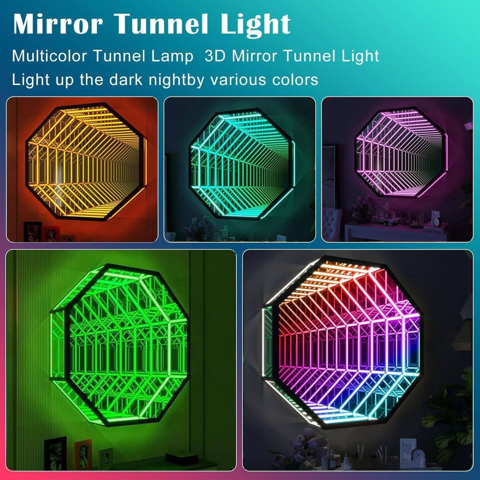 Lampa tunelowa, lustro nieskończoności, RGB LED, lampka nocna z pilotem zdalnego sterowania, do pokoju gier, lustrzana lampa ścienna 3D, 50 cm