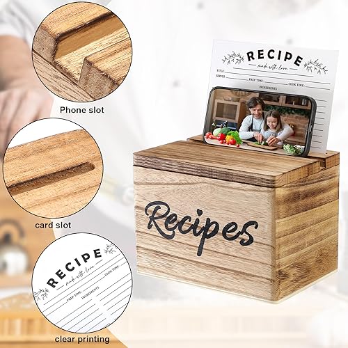 Miniatura 3 de Hoteam Caja de recetas de madera con tarjetas y soporte para tarjetas de recetas de madera rústica con 50 tarjetas de recetas de 5 x 7 pulgadas,
