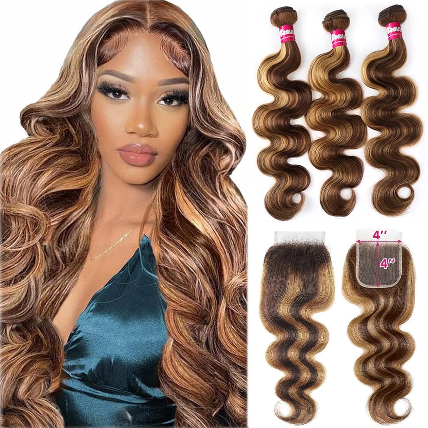 P4/27 Body Wave Bundles Human Hair with Closure-10A Real Raw Brazilian Virgin Hair, Ombre Highlight 3 Bundles+4x4 Lace Closure(18/20/22+18inch), Natural Hairline for Daily & Party Wear