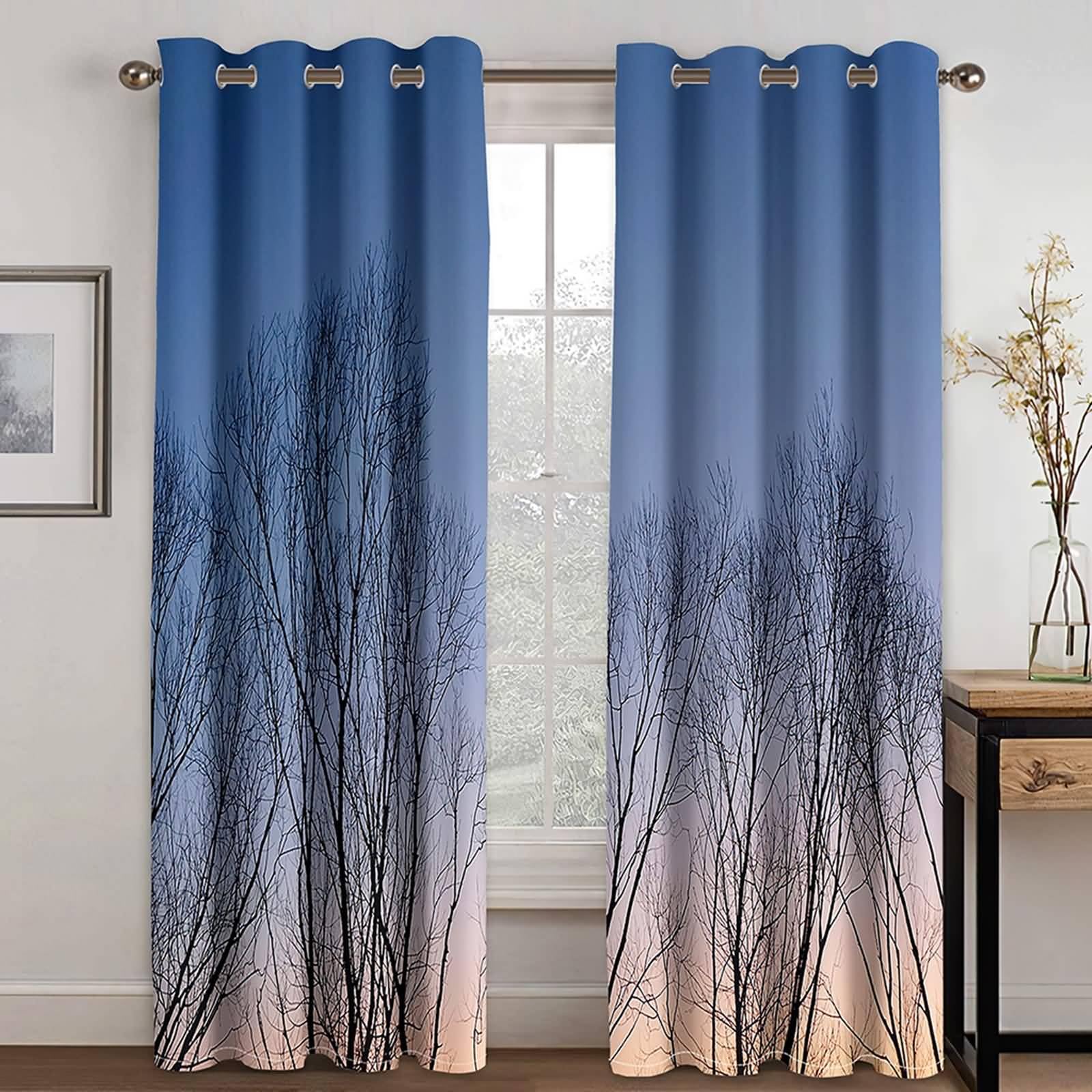 Rideau Pare Soleil Maison, Paysage d'arbres fanés Rideaux à Oeillets pour Salon/Chambre à Coucher, Bleu, 102x214cm