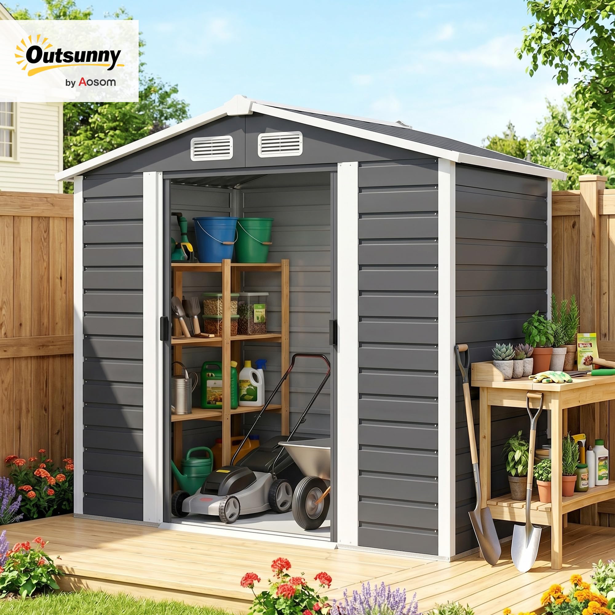 Outsunny Casetta da Giardino 2.36 m² Lamiera d'Acciaio 4 Prese d'Aria 2 Porte Scorrevoli Capanno Porta Attrezzi Tetto Inclinato 213x120x194 cm Grigio Scuro