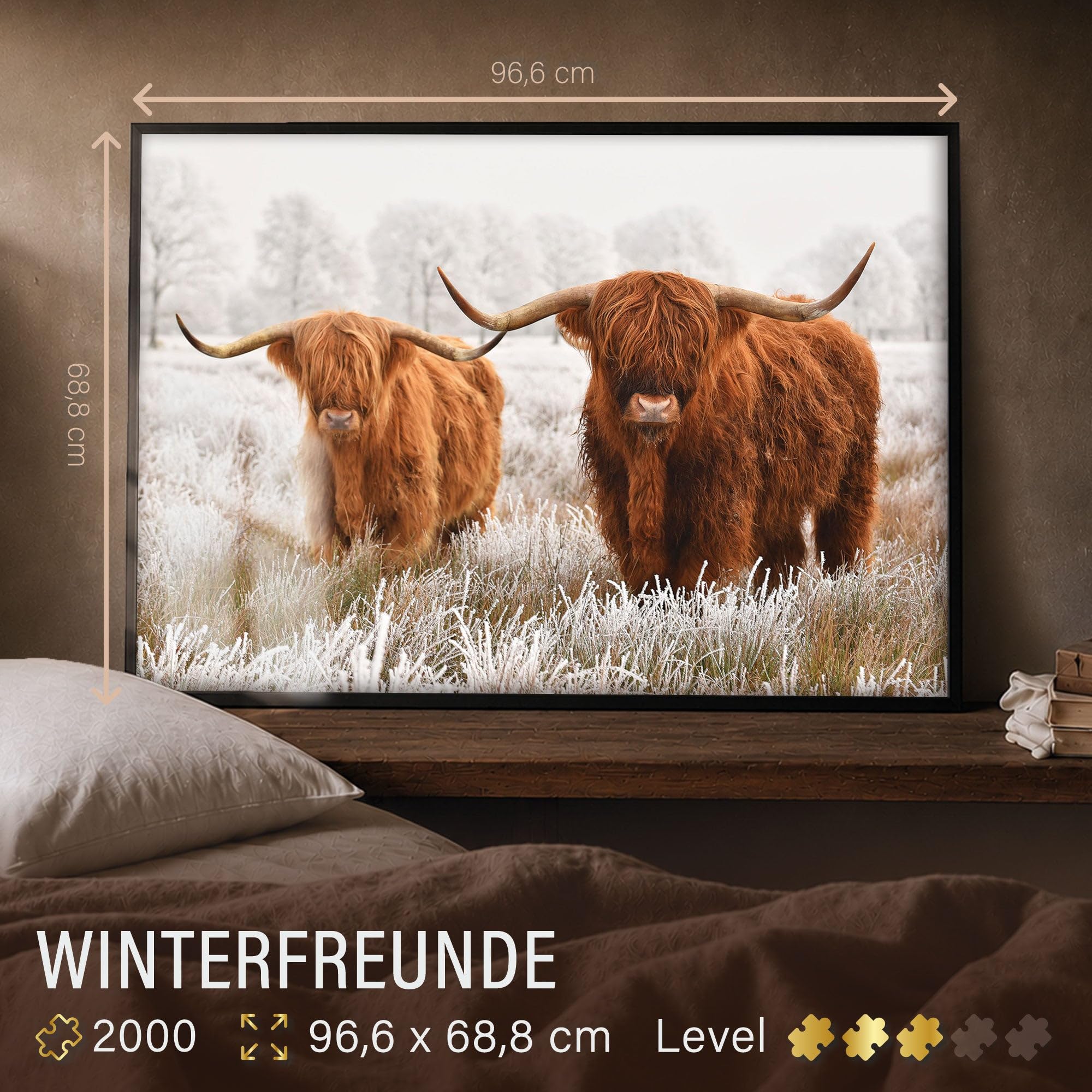 Ulmer Puzzleschmiede - Puzzle "Winterfreunde" – zimowe puzzle ze zwierzętami – motyw puzzli z dwoma kudłatymi górskimi bydłami – wspaniały kontrast między zwierzęciem a naturą