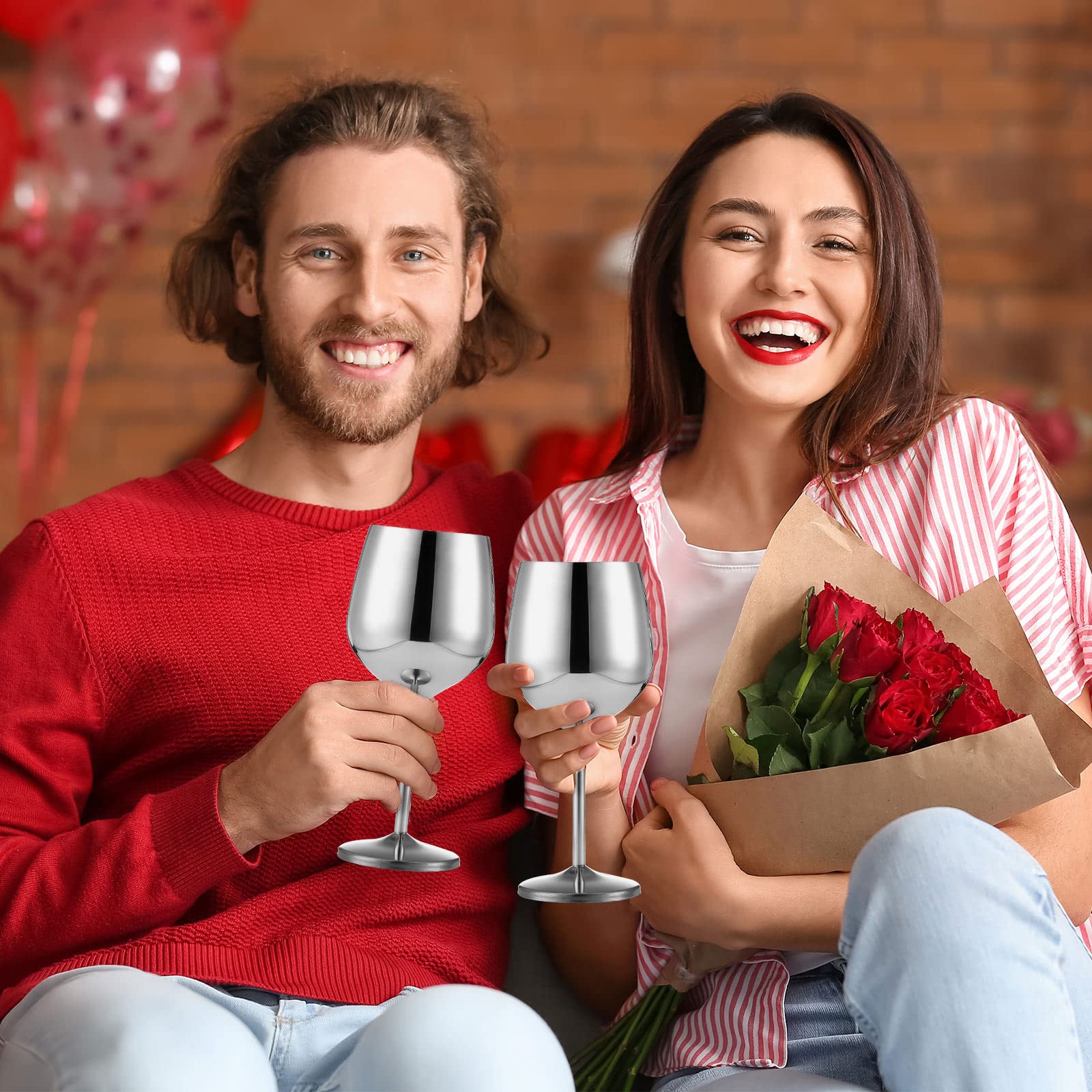 Rtteri 12 Stück Edelstahl Weingläser 510 ml Silber Unzerbrechliche Weingläser Edelstahl Weingläser Stiel Metall Weingläser für Wein Champagner Cocktails Bankett Hochzeit Party Camping