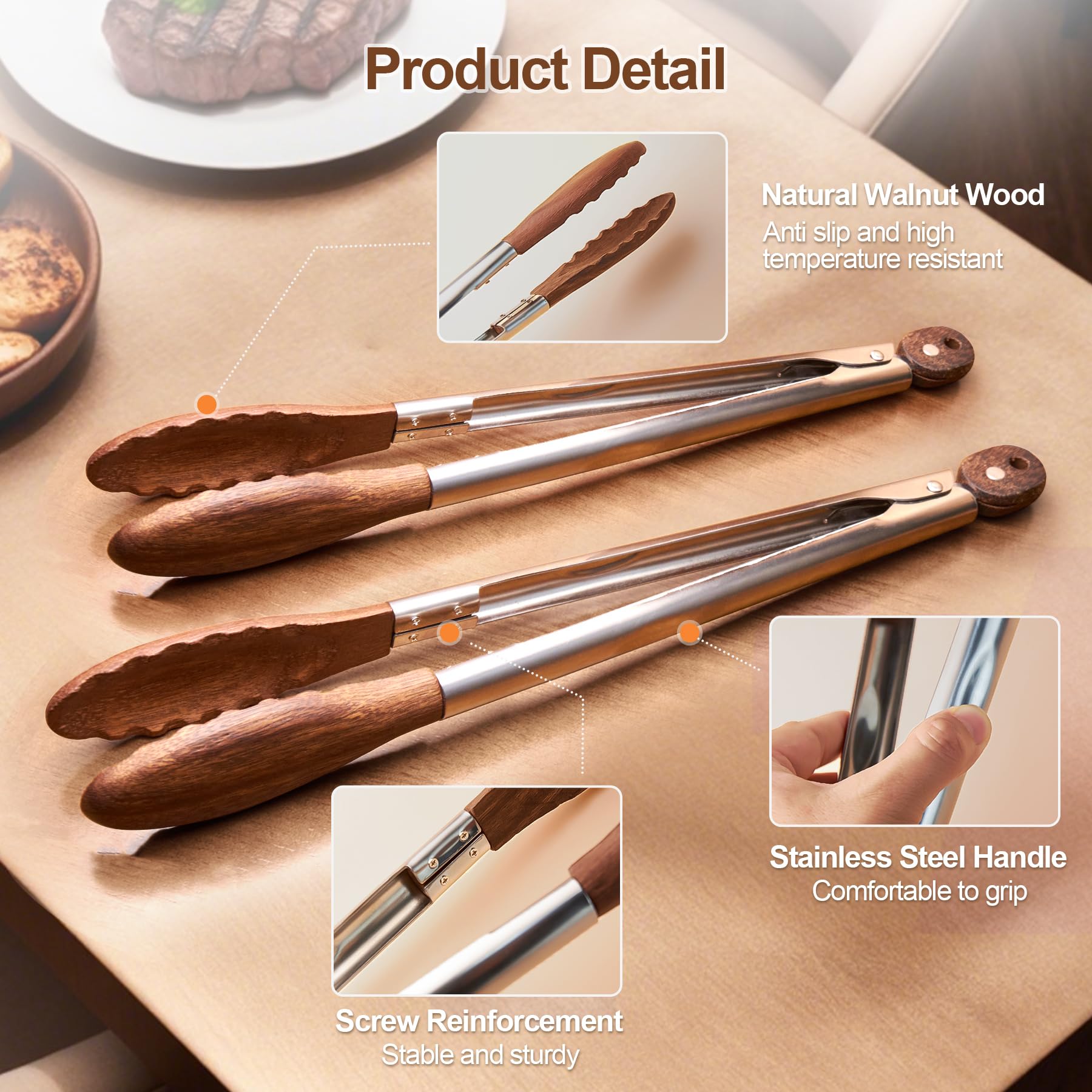 Pinzas de cocina de madera, 2 pinzas de cocina con punta de madera, pinzas de cocina de madera de nogal de 9 pulgadas y 12 pulgadas para ensaladas y servir alimentos