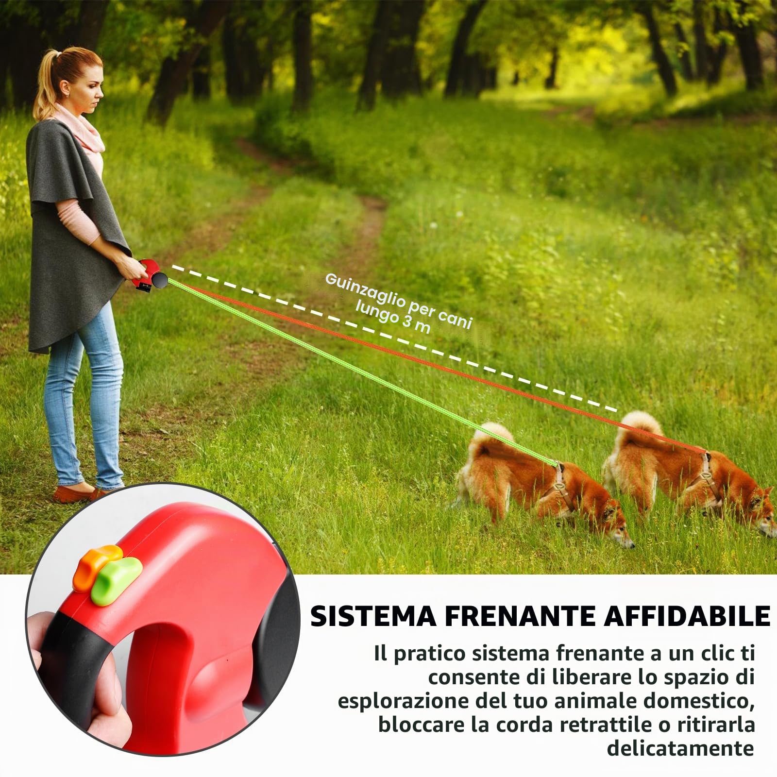 Guinzaglio doppio per 2 cani – 3 metri, retrattile e allungabile, con funzione luce, impugnatura ergonomica e bobina di rotolamento