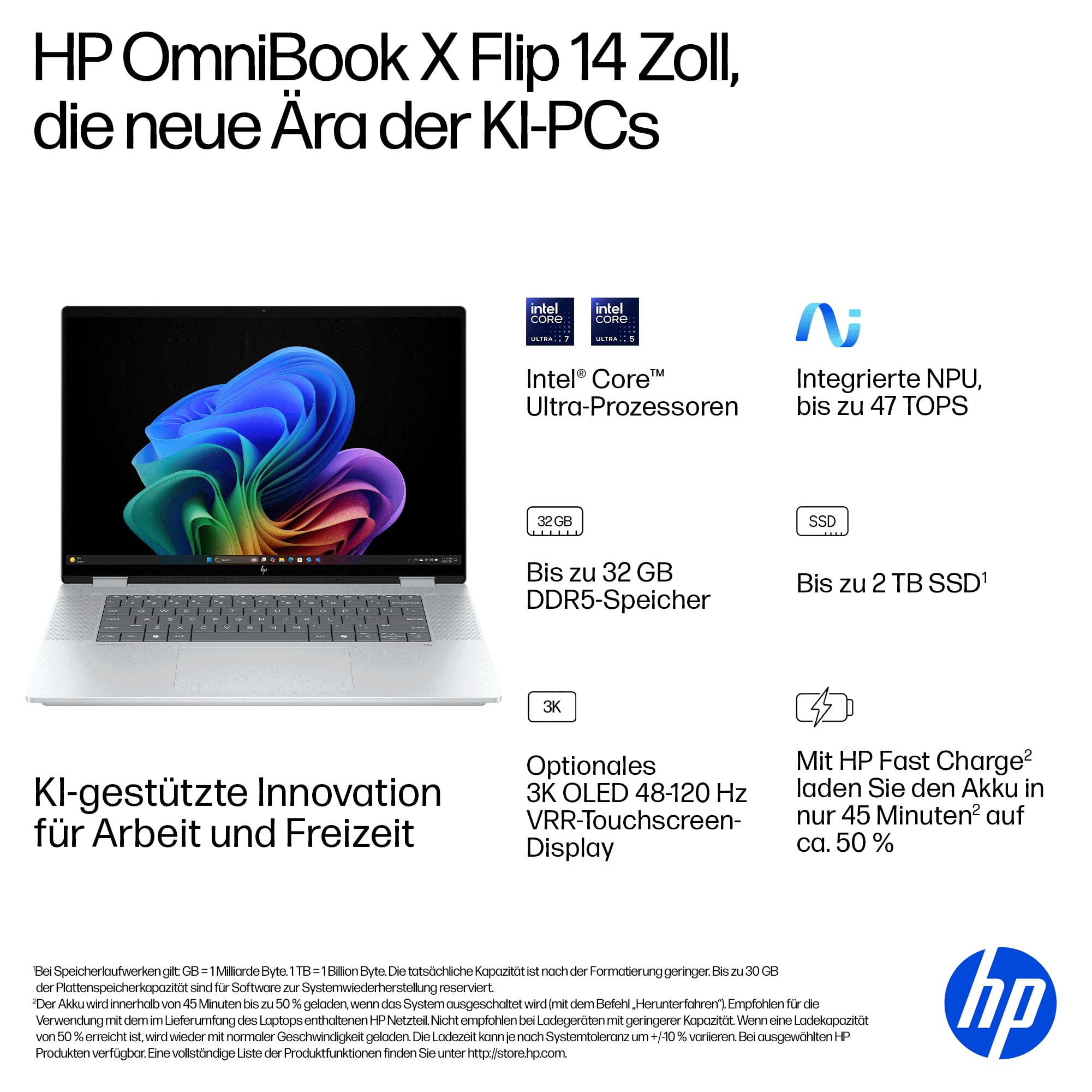 HP OmniBook X Flip 2-in-1 Laptop 16" 2K Touchscreen Intel Core Ultra 5 16GB RAM 1TB Win11 Silber