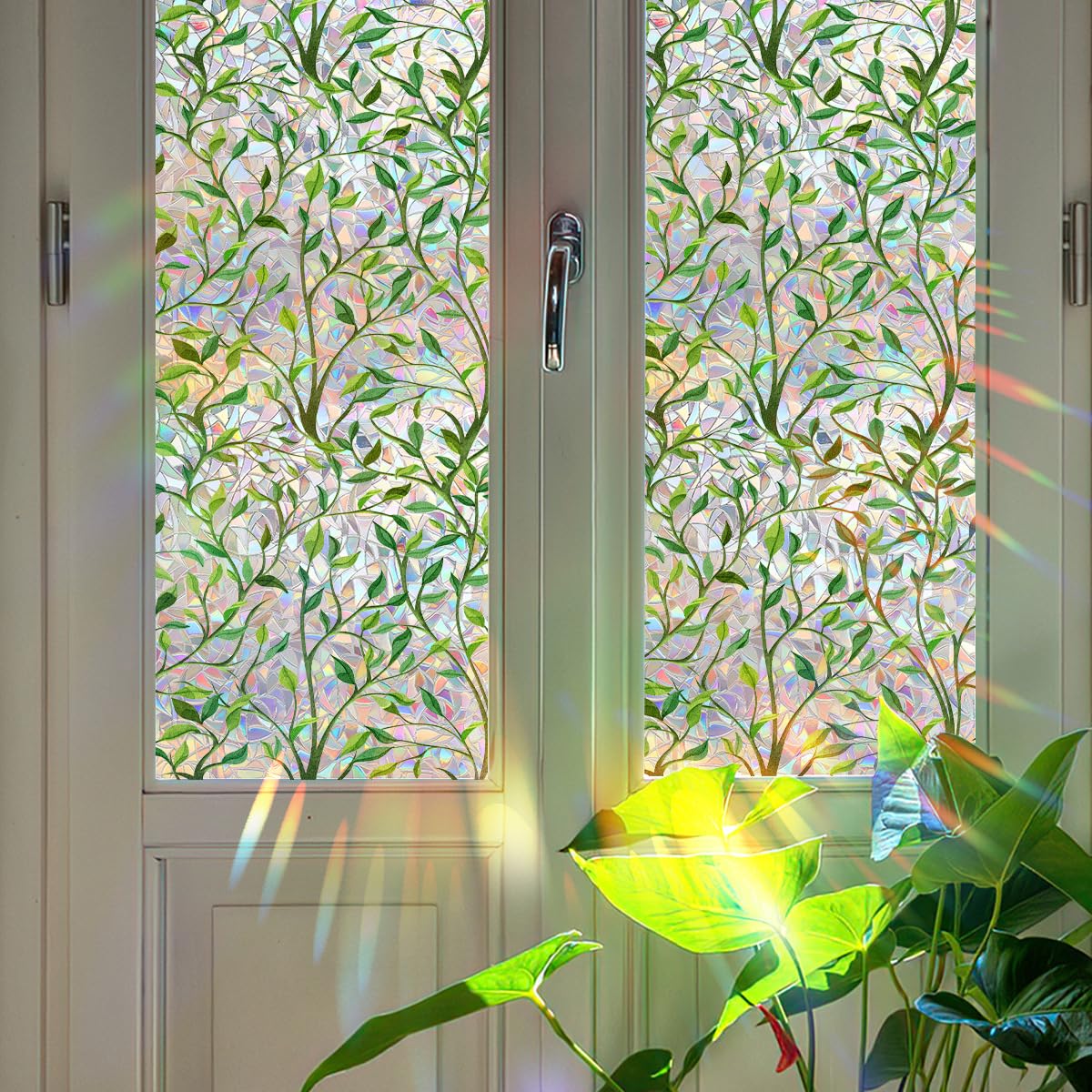 Linghe Retro Window Privacy Film, Stained Glass Decals Colorful Floral Rainbow Decals Static Cling Sun Blocking Decor for Home Office Windows Doors 17.7x39.3 inch (04)