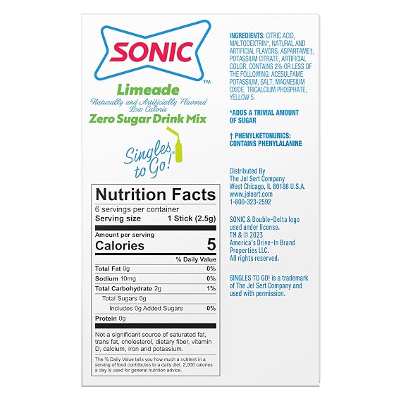 SINGLES TO GO! Sonic Limeade Singles to Go Drink Mix, Includes 6 Boxes with 6 Packets in Each Box, 36 Total Packets