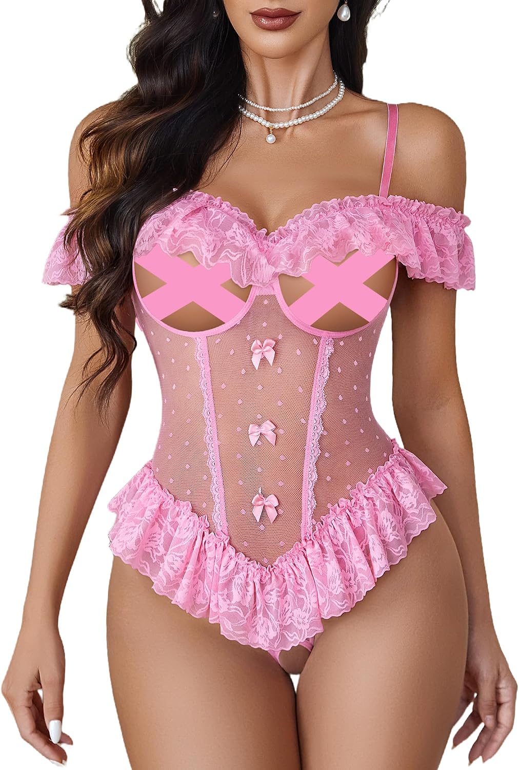 Avidlove Lingerie for Women V Neck One Piece Bodysuit Lace Ruffle Babydoll Off Shoulder Rave Outfits