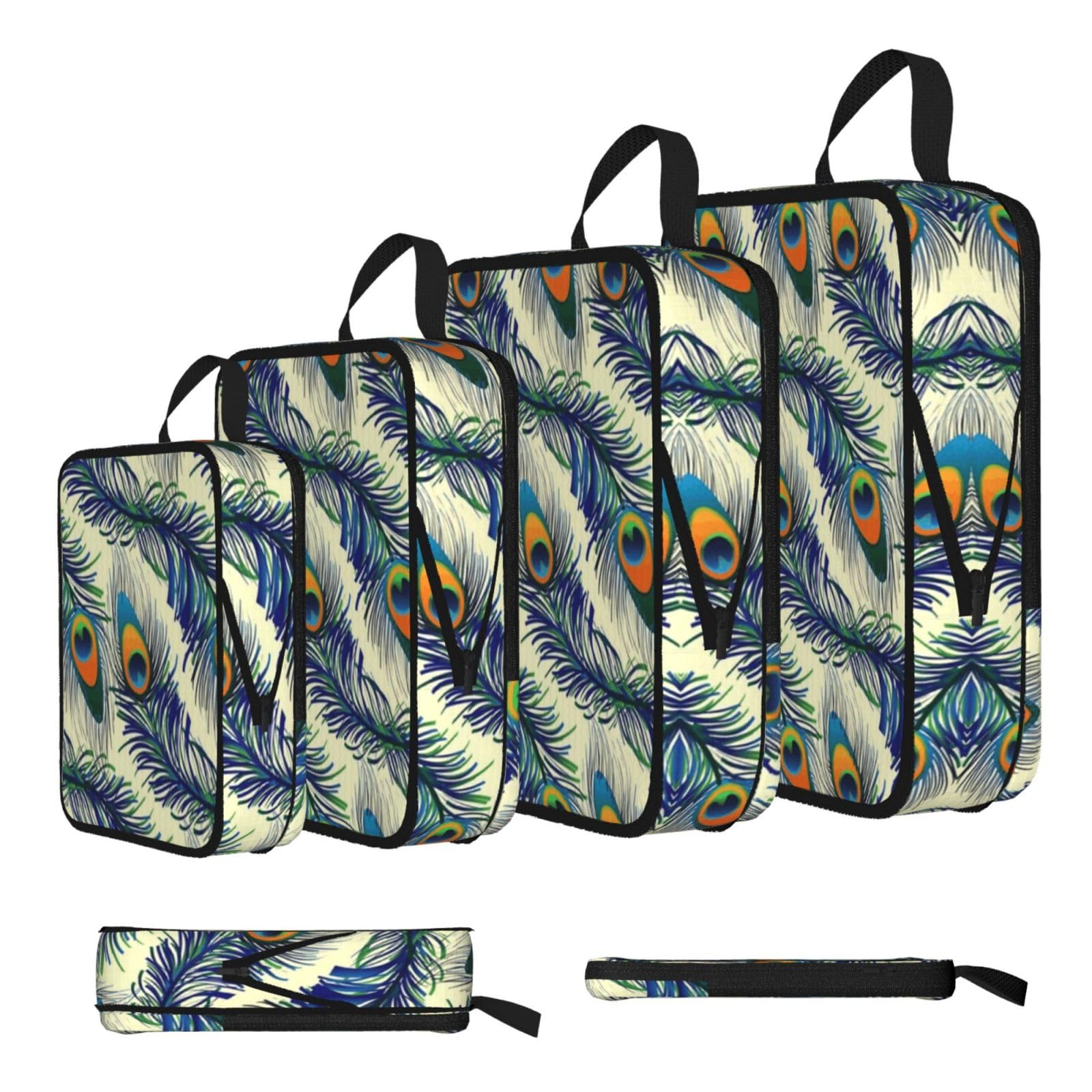 Peacock'S Feather Print 4 Set Compression Packing Cubes For Suitcases,Expandable Storage Bags Organizers