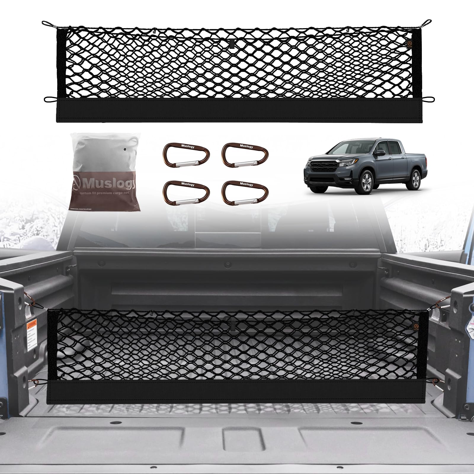 Muslogy Truck Bed Cargo Net Compatible with Honda Ridgeline 2017-2024 2025 Accessories Storage Organizer Pickup Truck Bed Envelope Style Cargo Net with Heavy Duty Carabiners