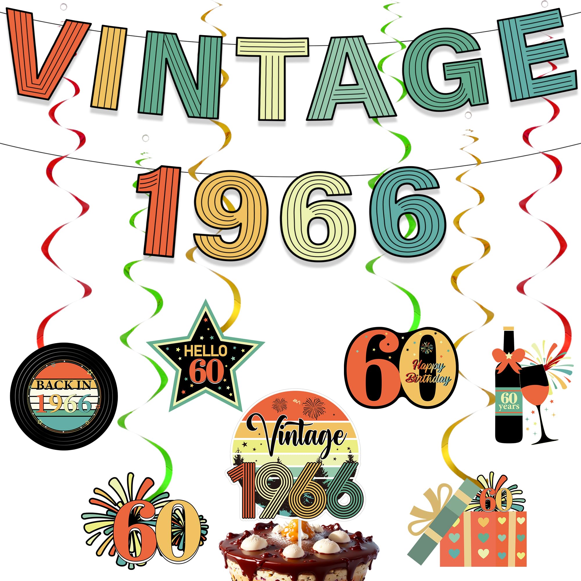 60th Birthday Decorations Men Women - 9 Pcs Retro Theme Vintage 1966 Banner Happy 60 Bday Colorful Hanging Swirls Cake Topper Party Supplies for Sixty Year Old Milestone Celebration Decor