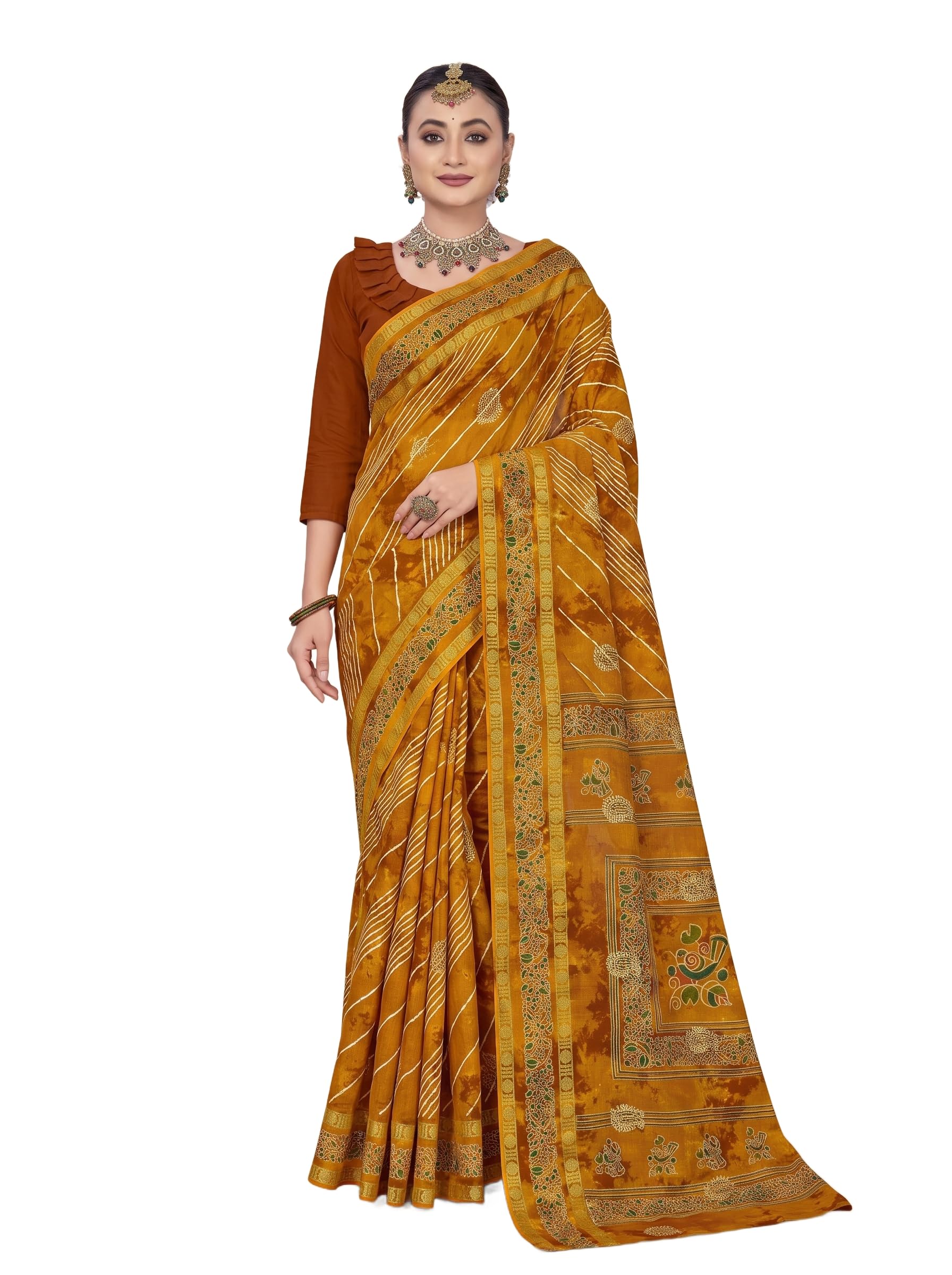 A beautifully draped pure malai cotton saree featuring traditional tie-dye prints and a matching blouse piece, perfect for festive gatherings.-image-36