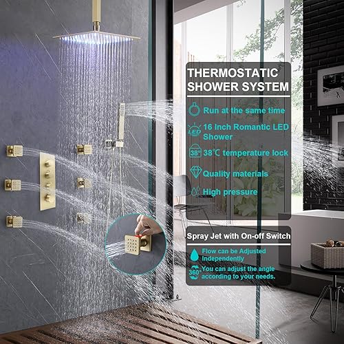 Miniatura 97 de Enga Sistema de ducha termostático doble, grifo de ducha de lluvia doble de montaje en pared de 12 pulgadas + 6 pulgadas, todas las funciones se Oro