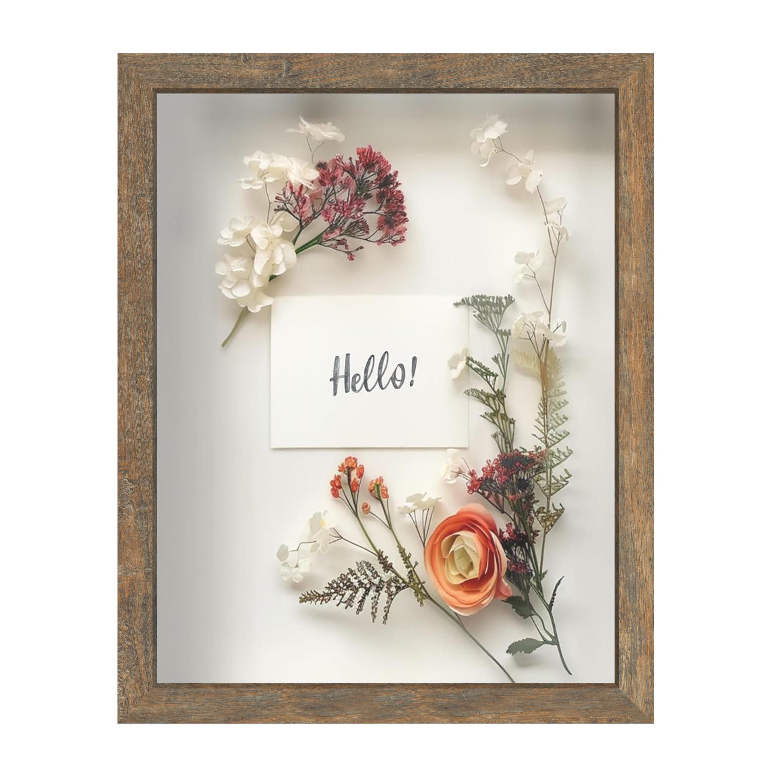 FrameWorks 11x14 Driftwood Wooden Shadow Box Frame – Soft Felt Back, Tempered Glass, and Included Elegant White Ball Push Pins
