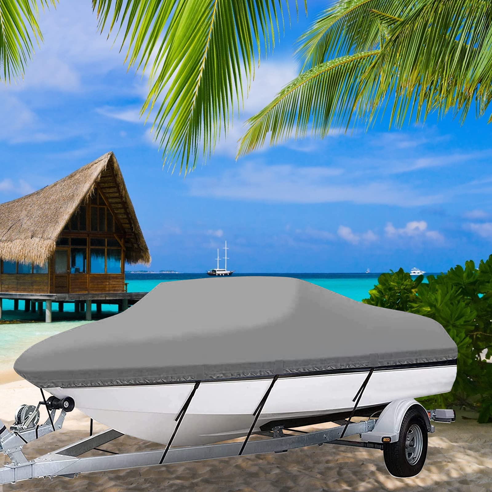 Telo Copri Barca all Season, 600D Tessuto Oxford Telo Copribarca Impermeabile Anti UV, Copertura della Barca Rimorchiabile per Esterni, Adatto per V-Hull, Tri-Hull,Grigio,600x230cm