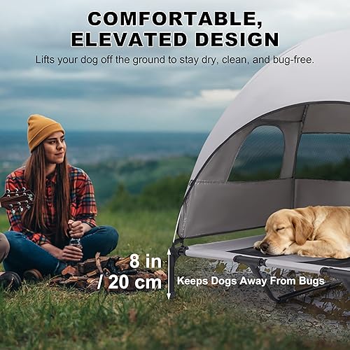Miniatura 8 de Cama elevada grande para perros con toldo de sombra extraíble, transpirable e impermeable, cuna para mascotas al aire libre para perros de hasta 110