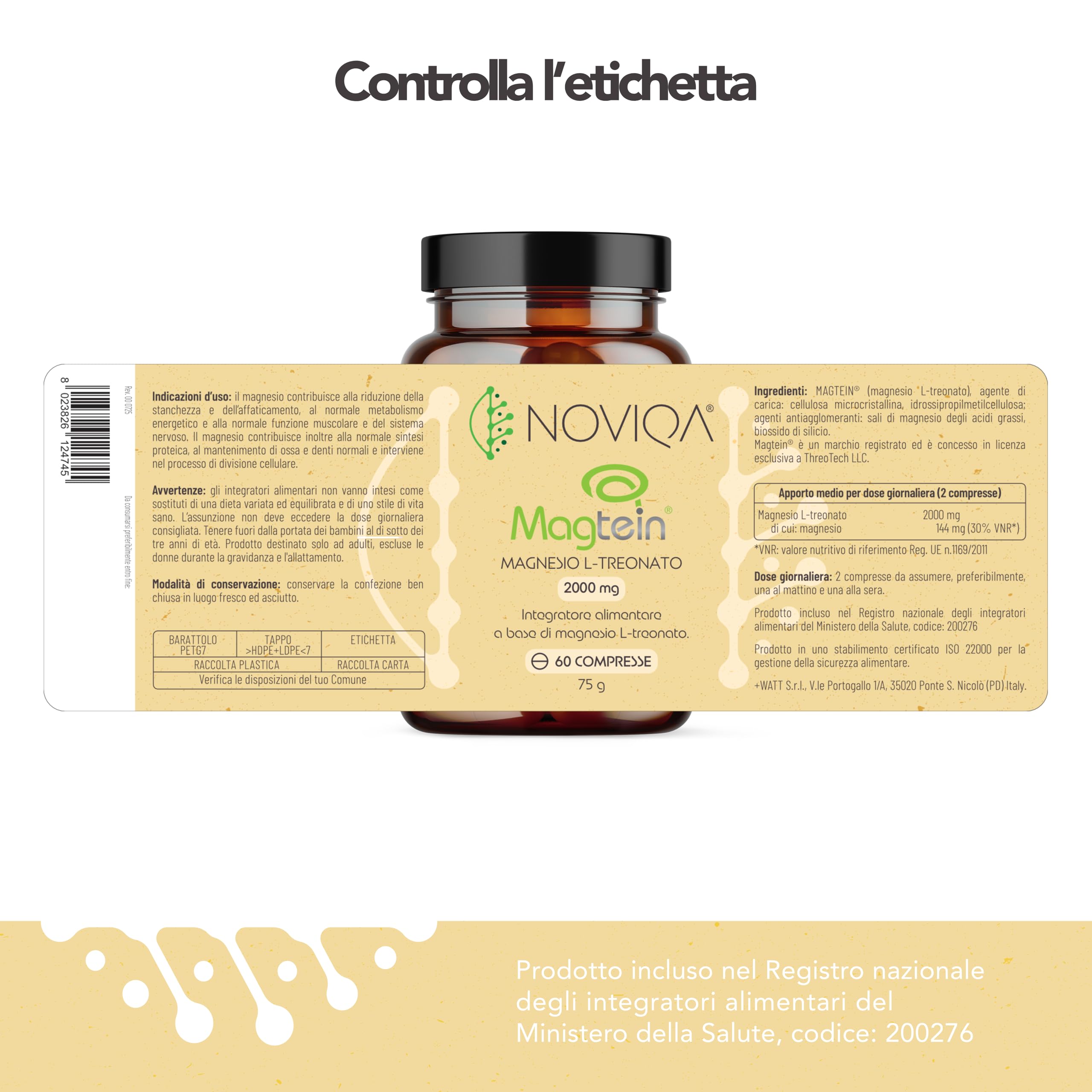NOVIQA Magnesio L-Treonato Magtein® 2000 mg, 60 Compresse, Integratore Magtein Magnesio Treonato Puro ad Alta Biodisponibilità, Concentrazione, Memoria, Riduzione Stanchezza Mentale, Vegan