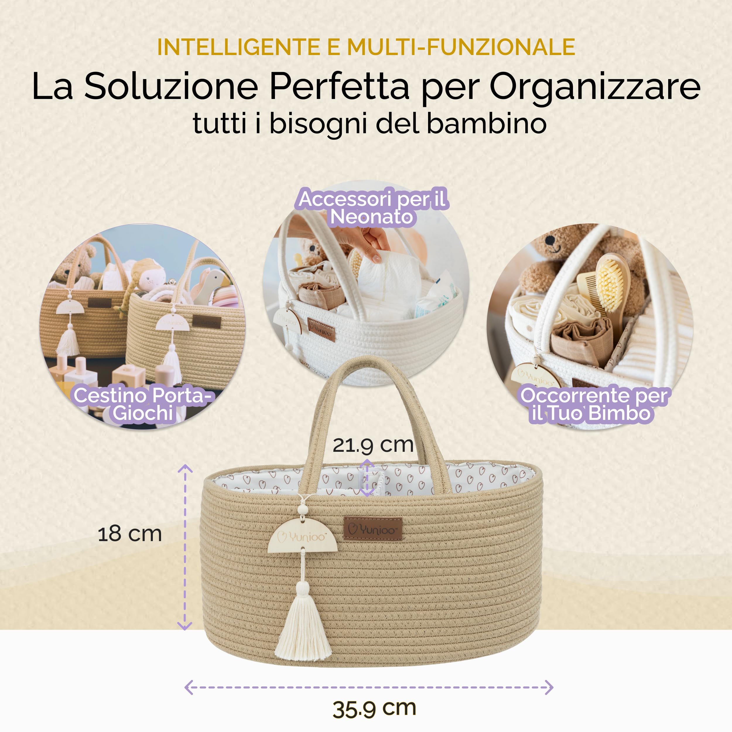 Yunioo Cestino Porta Pannolini, Organizer Fasciatoio per Neonati, Cesto Prodotti Neonato con Maniglie Robuste, Scomparti Staccabili, Regalo Nascita Bimba o Bimbo