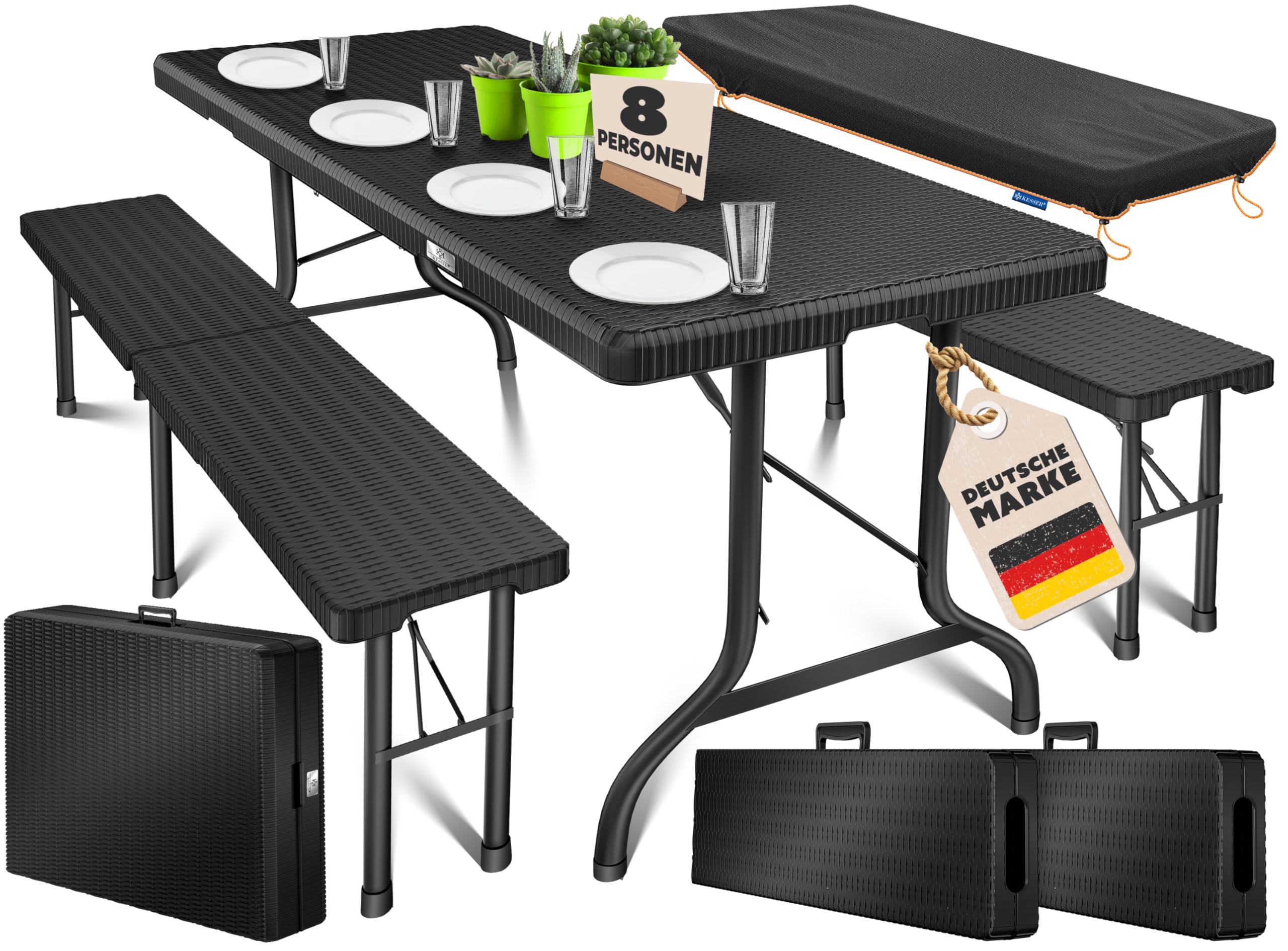 KESSER® Juego de Tienda de Cerveza - Juego de 3 Piezas, Mesa + 2X Banco, Mesa Plegable, Plástico, Juego de jardín con Aspecto de ratán/Plegable, Asas de Transporte, 73x180x75 cm, Negro