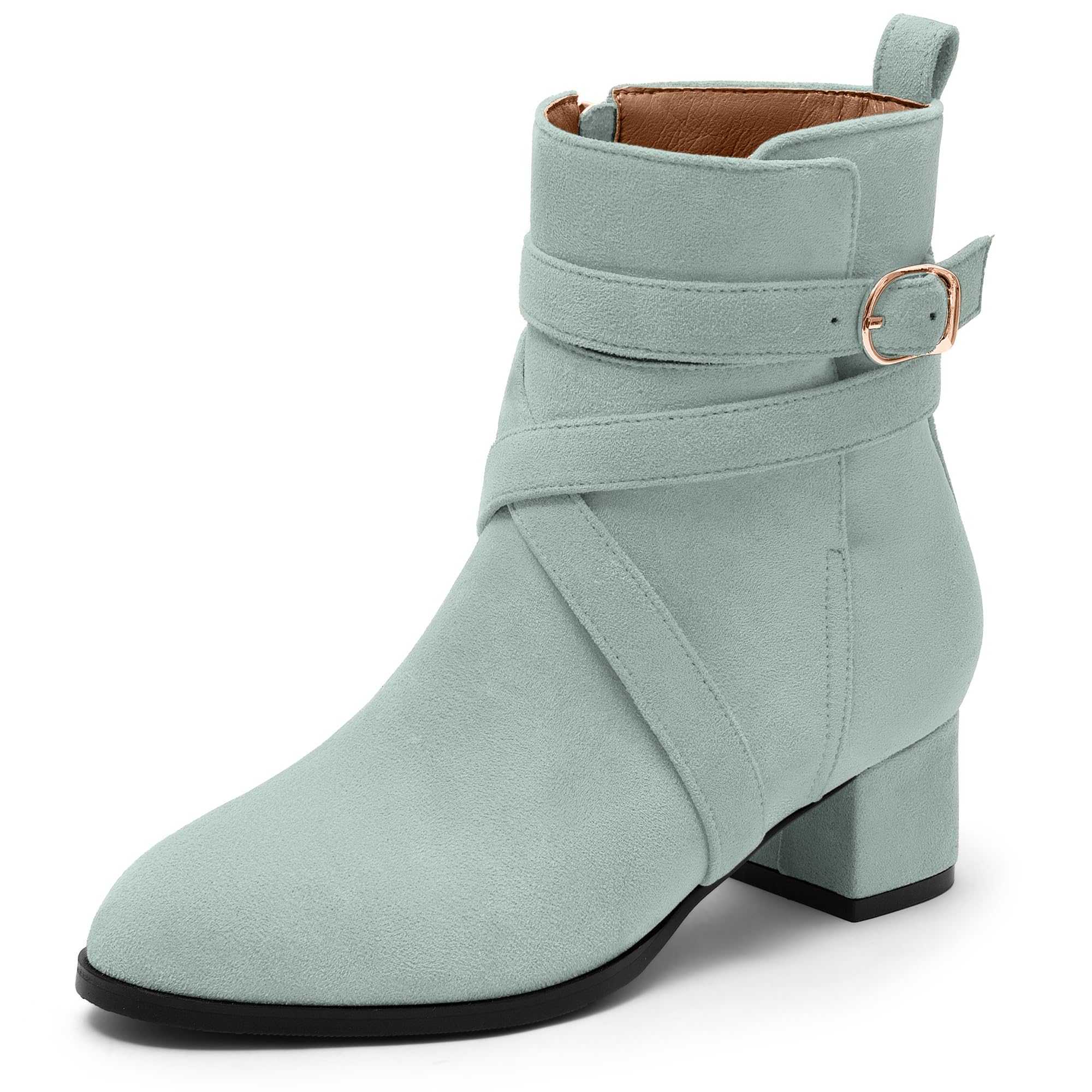 NUMALEO Womens Fashion Casual Ankle High Buckle Comfort Heeled Solid Round Toe Ankle Adjustable Strap Synthetic Ankle Boot