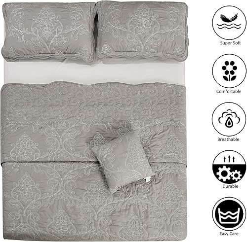 Miniatura 3 de Home Soft Things - Juego de colcha de damasco, 4 piezas, edredón reversible con borde festoneado y prelavado, patrón sólido floral en relieve,