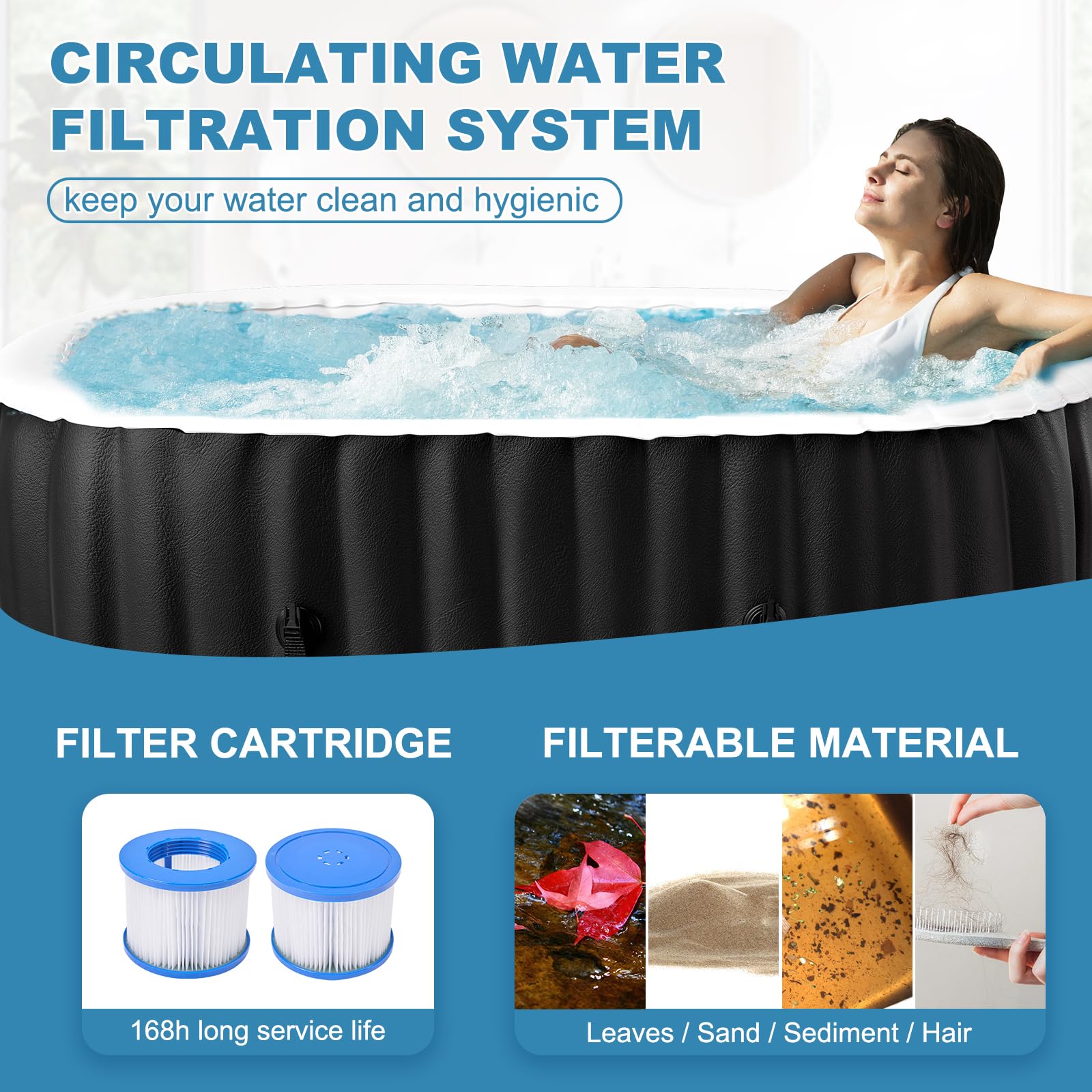NAIZEA 2 Person Hot Tub - Inflatable Portable Hot Tub, Outdoor Oval Spa Blow Up Hottubs with 90 Bubble Jets and Heater Pump, Side Table, Cover, 2 Filter Cartridges,75x47x25Inch - 5