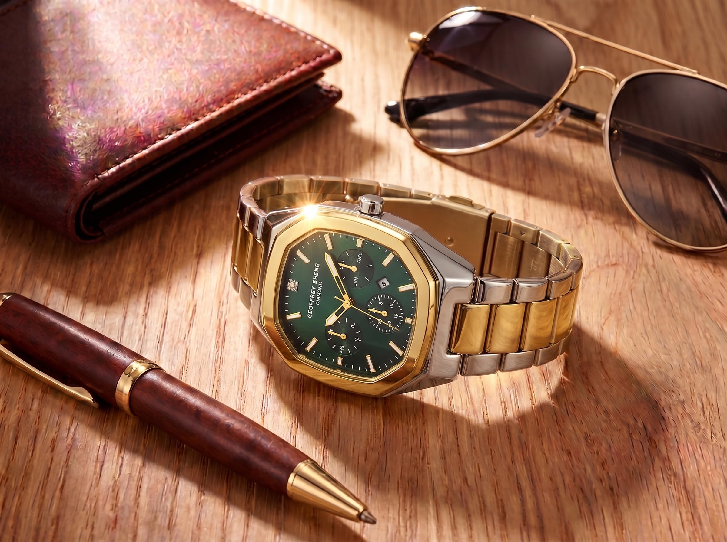 Geoffrey Beene Orologio da uomo in metallo, quadrante con diamanti autentici, al quarzo, datario, design elegante (argento)