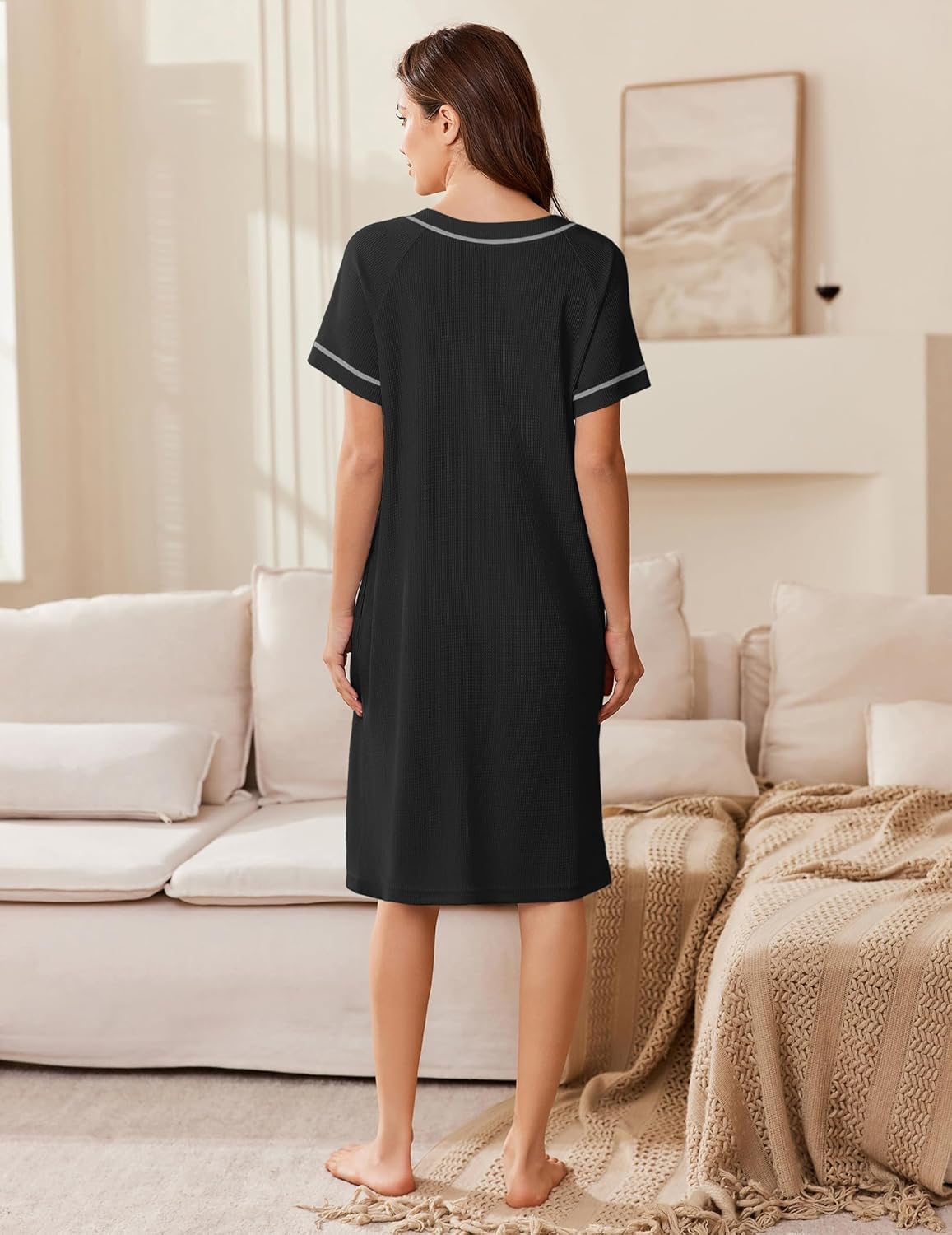 Ekouaer Women Zipper Robe Short Waffle Knit Bathrobe Lightweight Housecoat Soft Knee Length Loungewear with Pockets Black, L - Image 3