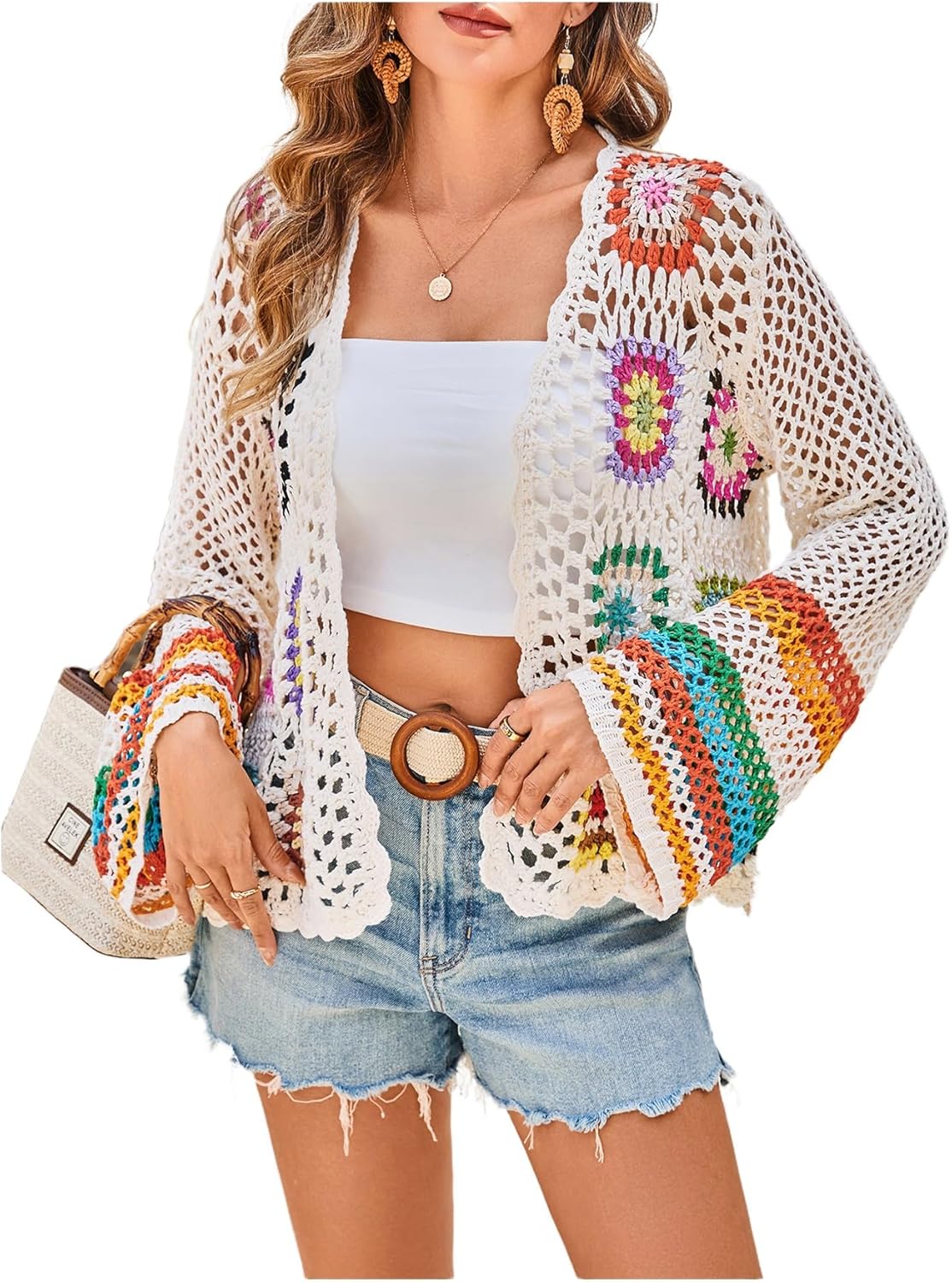 GORGLITTER Women's Floral Crochet Hollow Out Kimono Cardigan Colorful Vintage Western Top Trendy 2025