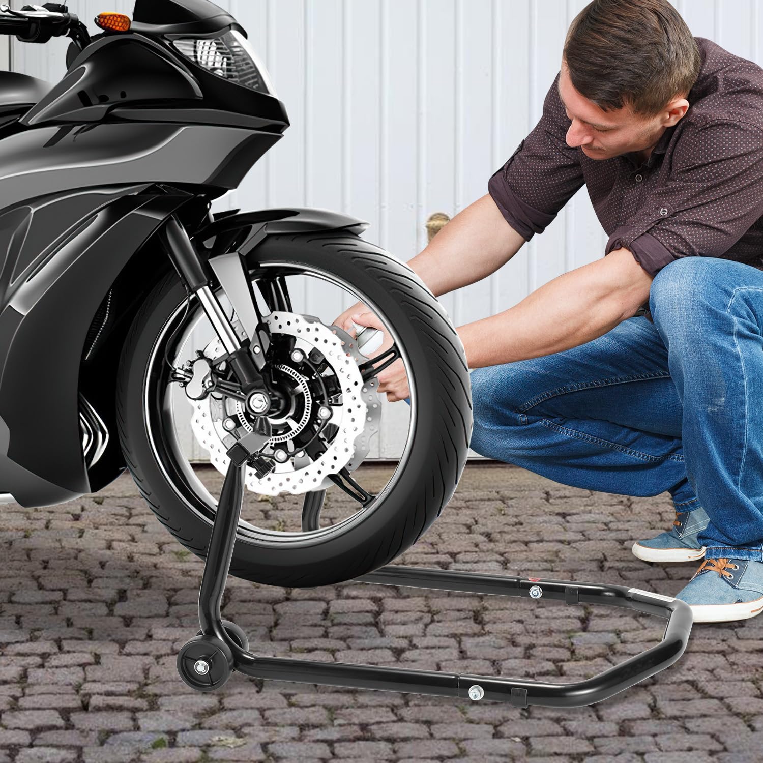 Set di supporti per moto anteriore e posteriore, supporto per moto con 4 ruote, piattaforma elevatrice per moto, stabilità, capacità di carico fino a 300 kg (Nero)