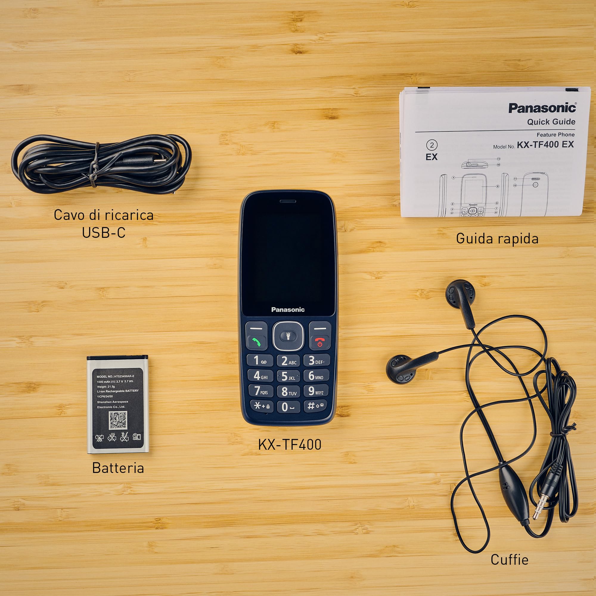 Panasonic KX-TF400EXC Telefono Cellulare 4G, VoLTE, Autonomia affidabile fino a 280 ore in modalità Standby, Ricarica USB-C, Display 2,4'', Bluetooth, Torcia LED, Resistente all'Acqua IP44, Blu