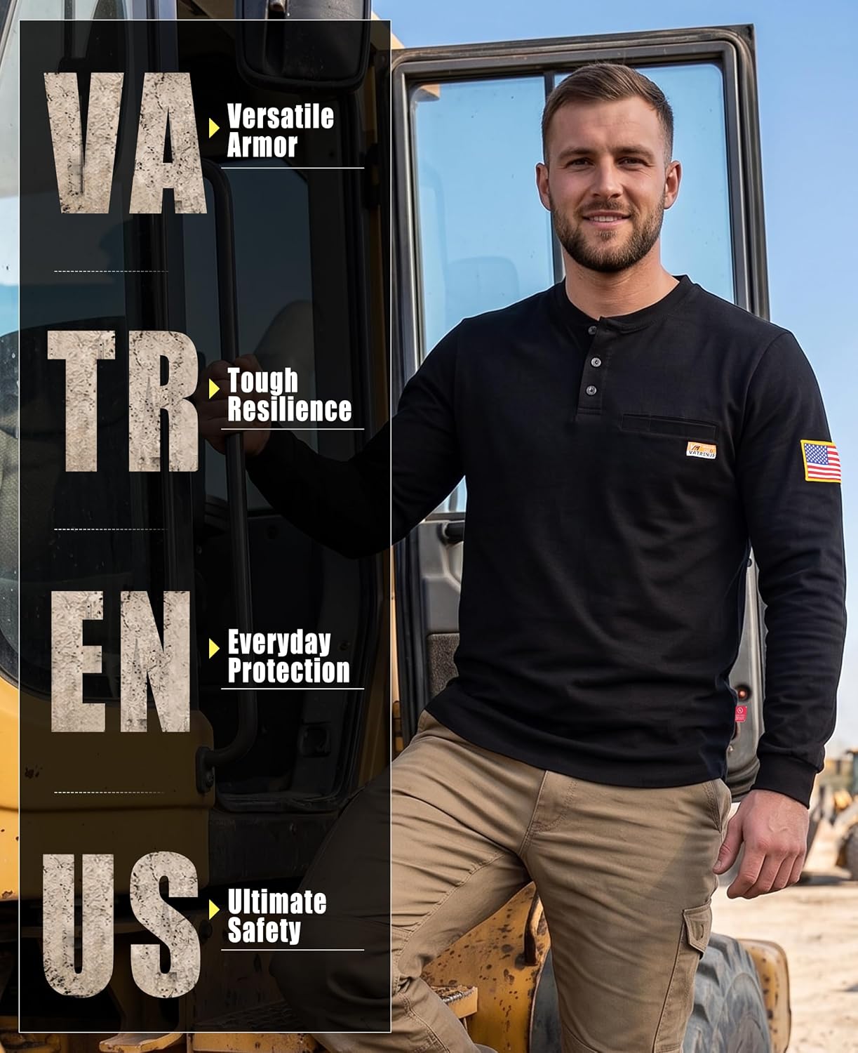 VATRENUS Men's FR Shirt 6oz Henley Work Tees Utility Pocket CAT2 100%Cotton | Flame Resistant Midweight Comfortable Shirt|Relaxed Fit Pre-Washed NFPA2112 Adjustable Cuffs Long Sleeve UL Label