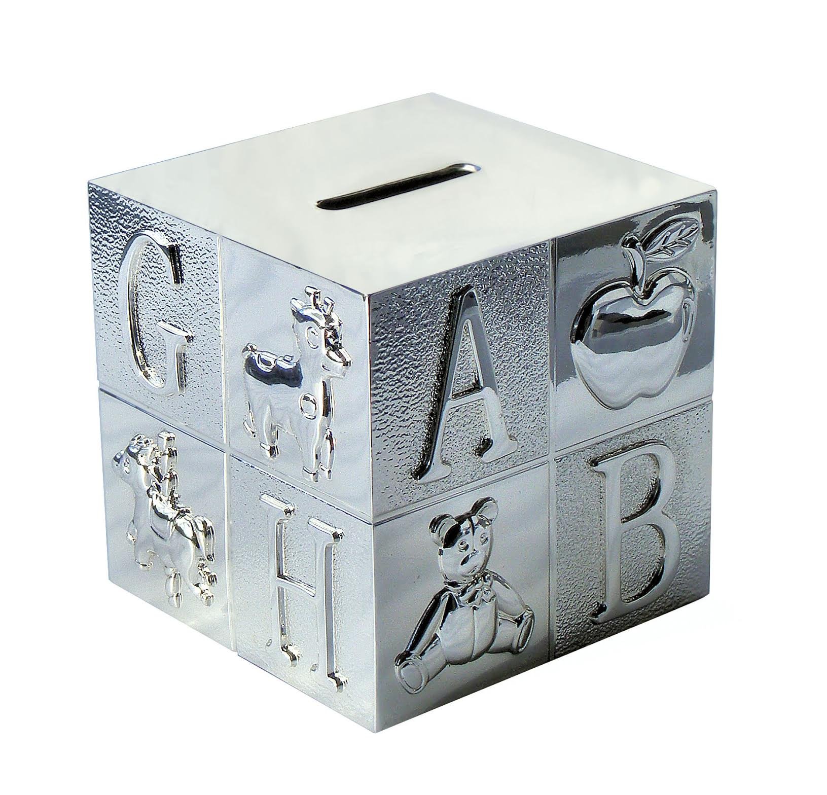 County Engraving Silver Personalised, Engraved, Plated Square Cube Abc Money Box