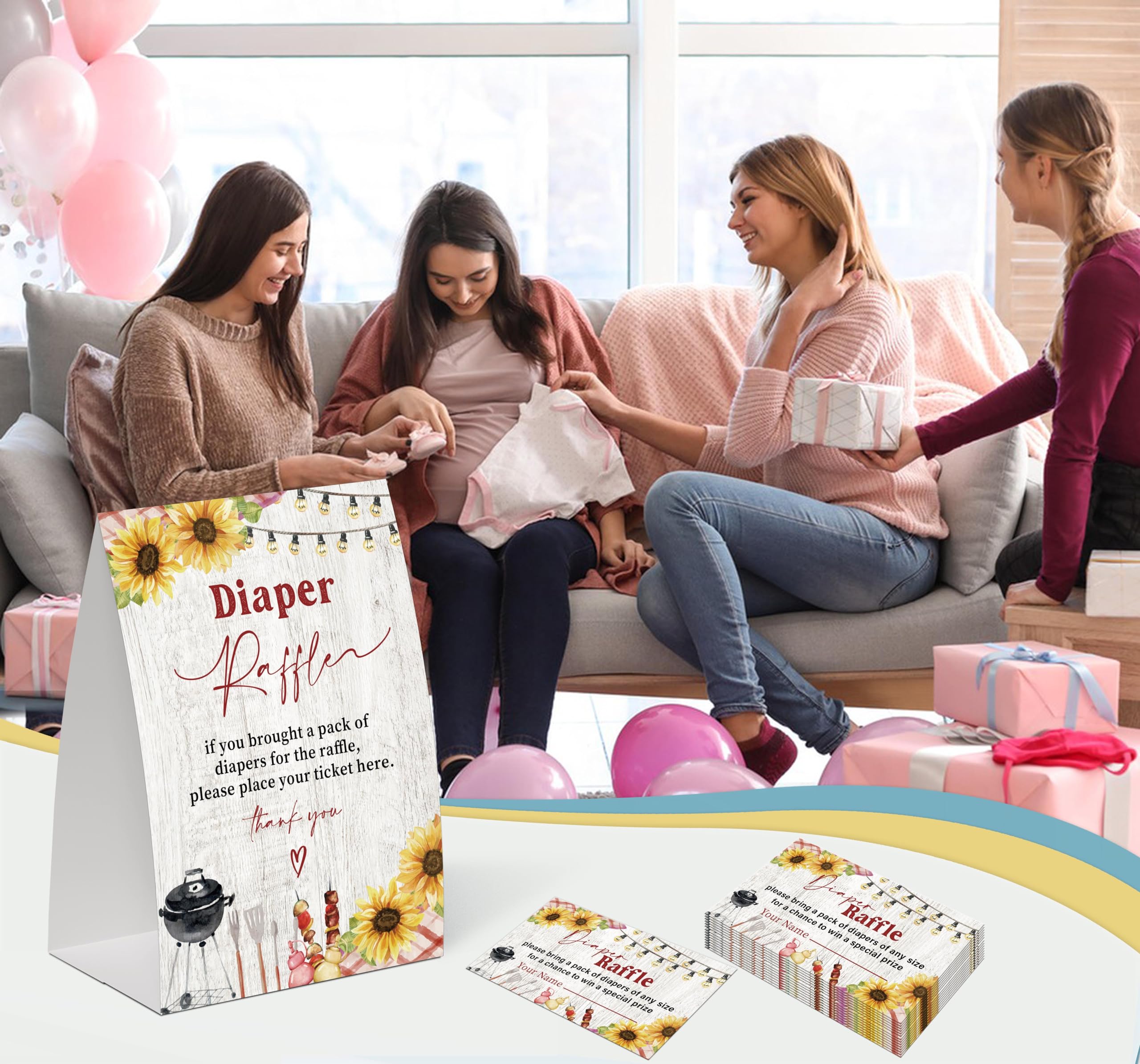 BBQ Baby Shower Diaper Raffle Game Set - Wooden Sign With Stand & 50 Tickets, Backyard Baby Shower & Gender Reveal Party Decor