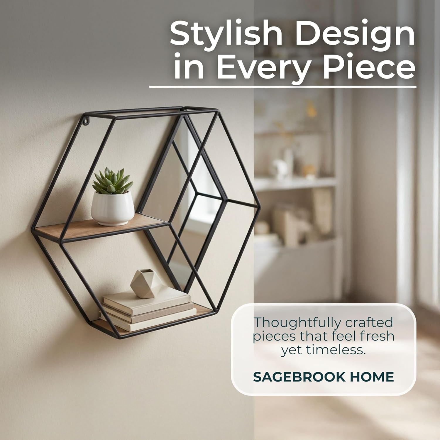 Sagebrook Home Hexagon Wall Shelf with Mirror & Wooden Shelves - Geometric Metal & Wood Hanging Storage for Home & Office - Modern Decorative Display for Living Room & Bedroom - 22" Black