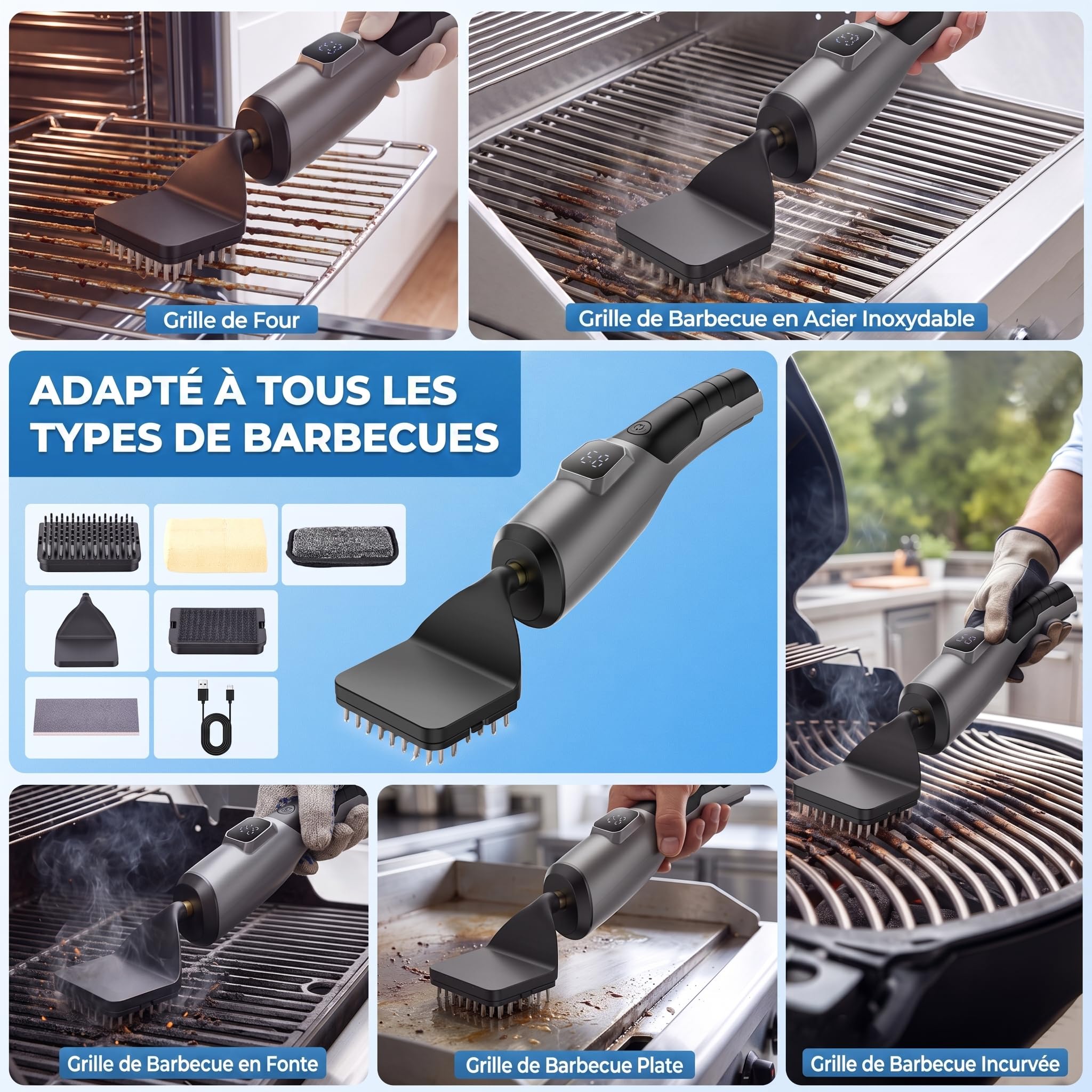 Spazzola Elettrica per Barbecue, Autonomia di 180 Minuti, 4 Testine di Ricambio,Impermeabile IPX7, Ricarica USB, Spazzola in Acciaio Inossidabile per la Pulizia Griglia Barbecue, Campeggio