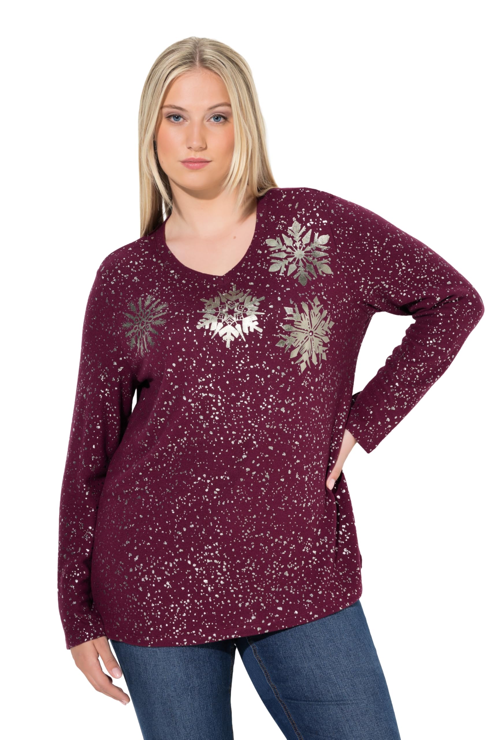 Ulla Popken Damen große Größen Übergrößen Plus Size Sweatshirt, Metallic-Druck, V-Ausschnitt, Langarm 844924