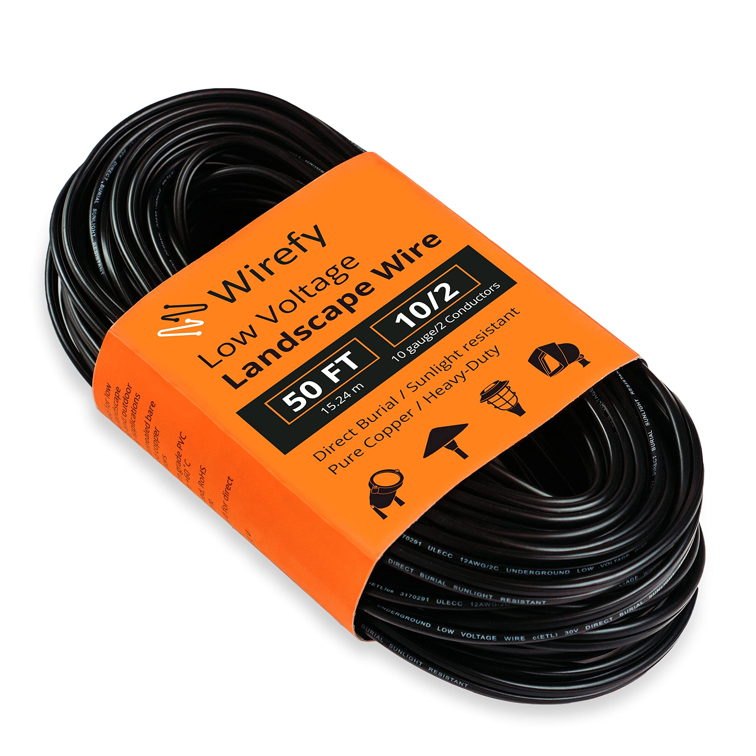 Wirefy 10/2 Low Voltage Landscape Wire 50 ft | Low Voltage Landscape Lighting Wire | Pure Copper | Outdoor Direct Burial | 10-Gauge 2-Conductor 50