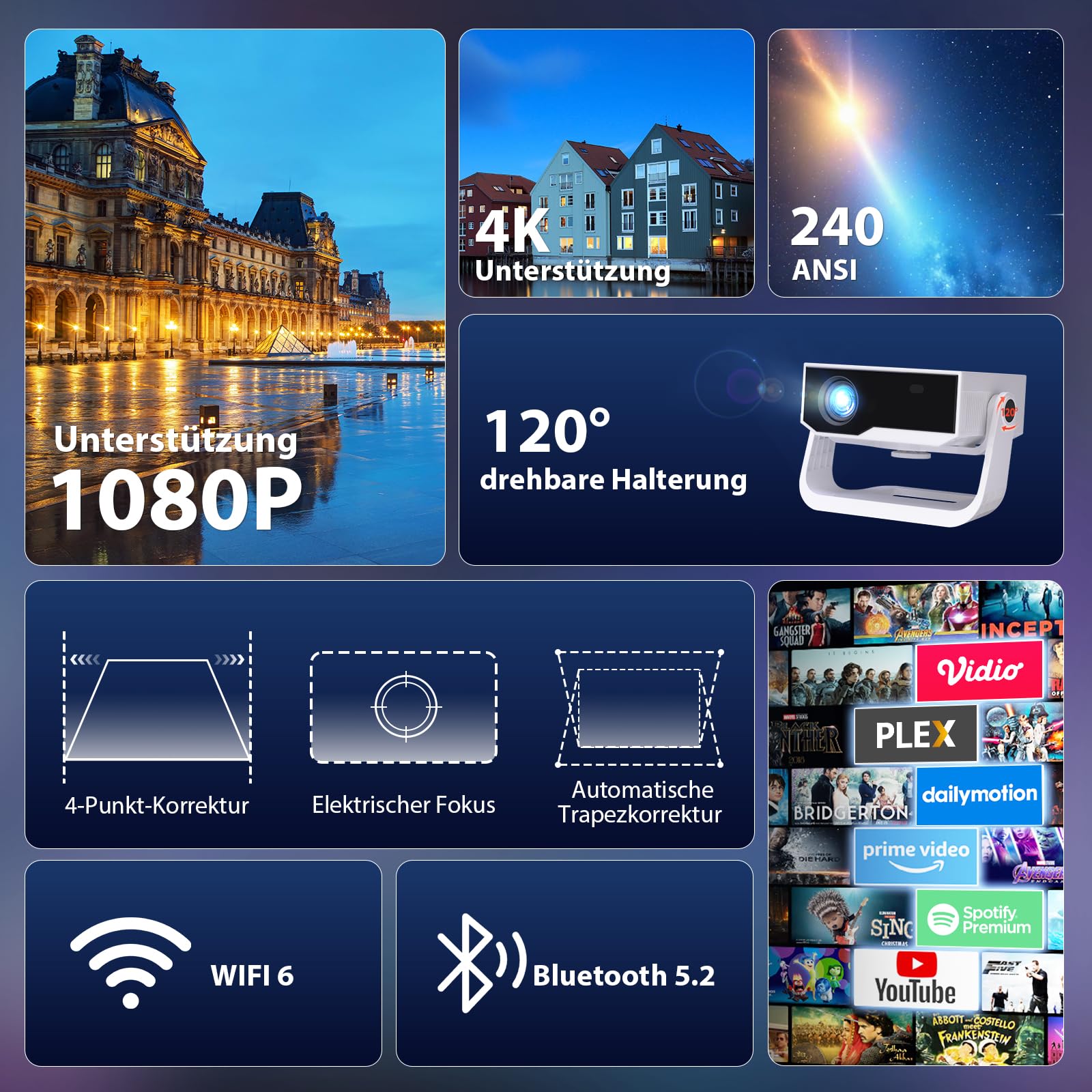Wielio Upgrade Smart Beamer,integrierter App, Unterstützung 4K,WLAN&BT Projekto, 120° verstellbarem Ständer, vertikale Trapezkorrektur und elektronischer Fokus Heimkino Beamer für Handy/PC