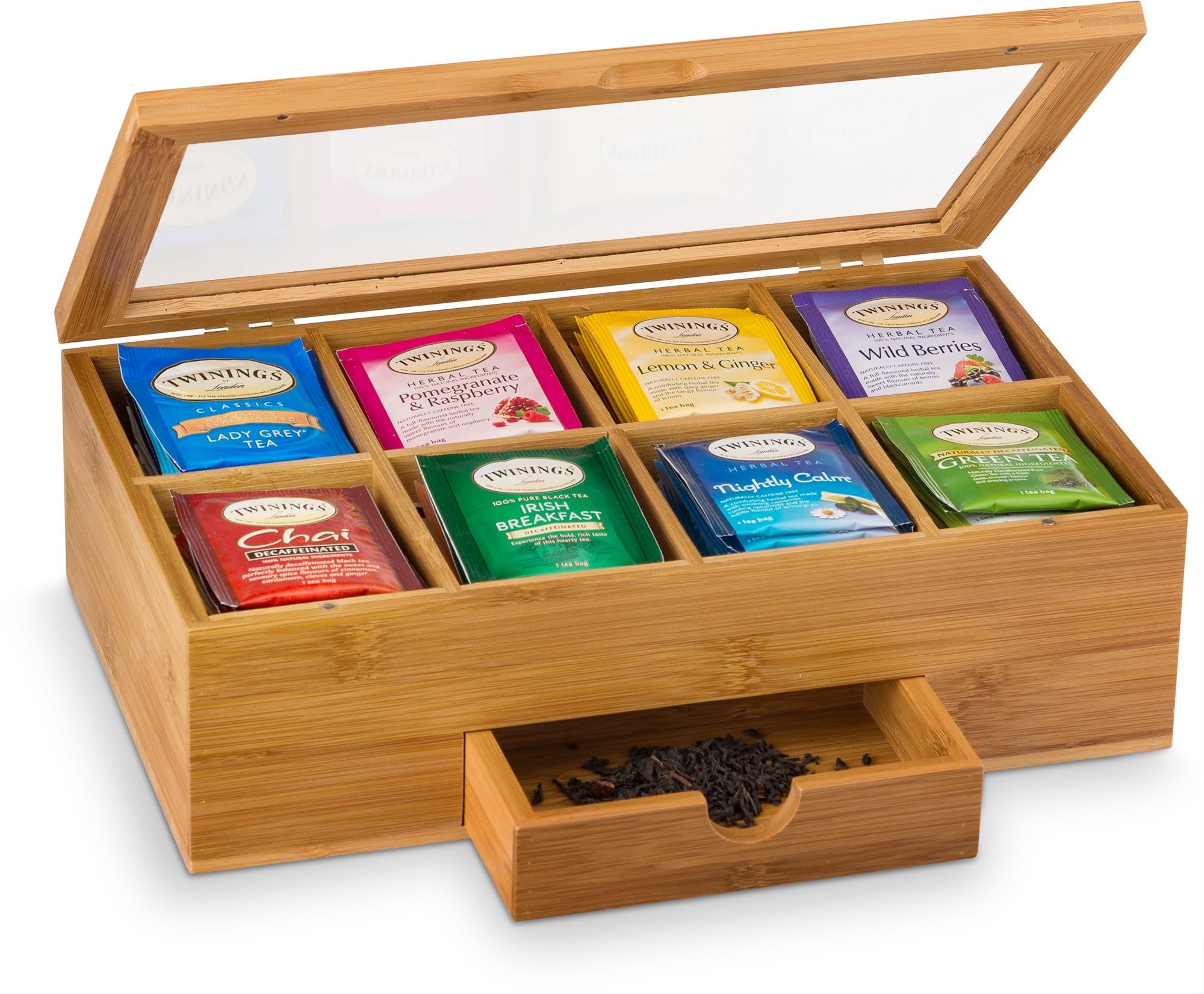 SYOSI 1 Pcs Tea Bag Organizer, Wooden Tea Box with 8 Compartments, Acrylic Window, and Magnetic Lid, Made of Bamboo - Keeps Tea Bags Fresh (Tea Not Included) - Great Gift Idea