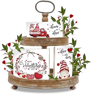 Tiered Tray Christmas Decor Set, 3 Pieces, Farmhouse Seasonal and Holiday Decorations, Easter, Valentines Bundles, Indoor Centerpiece for Home and Kitchen, Red Truck, Snowman (Valentines Day)