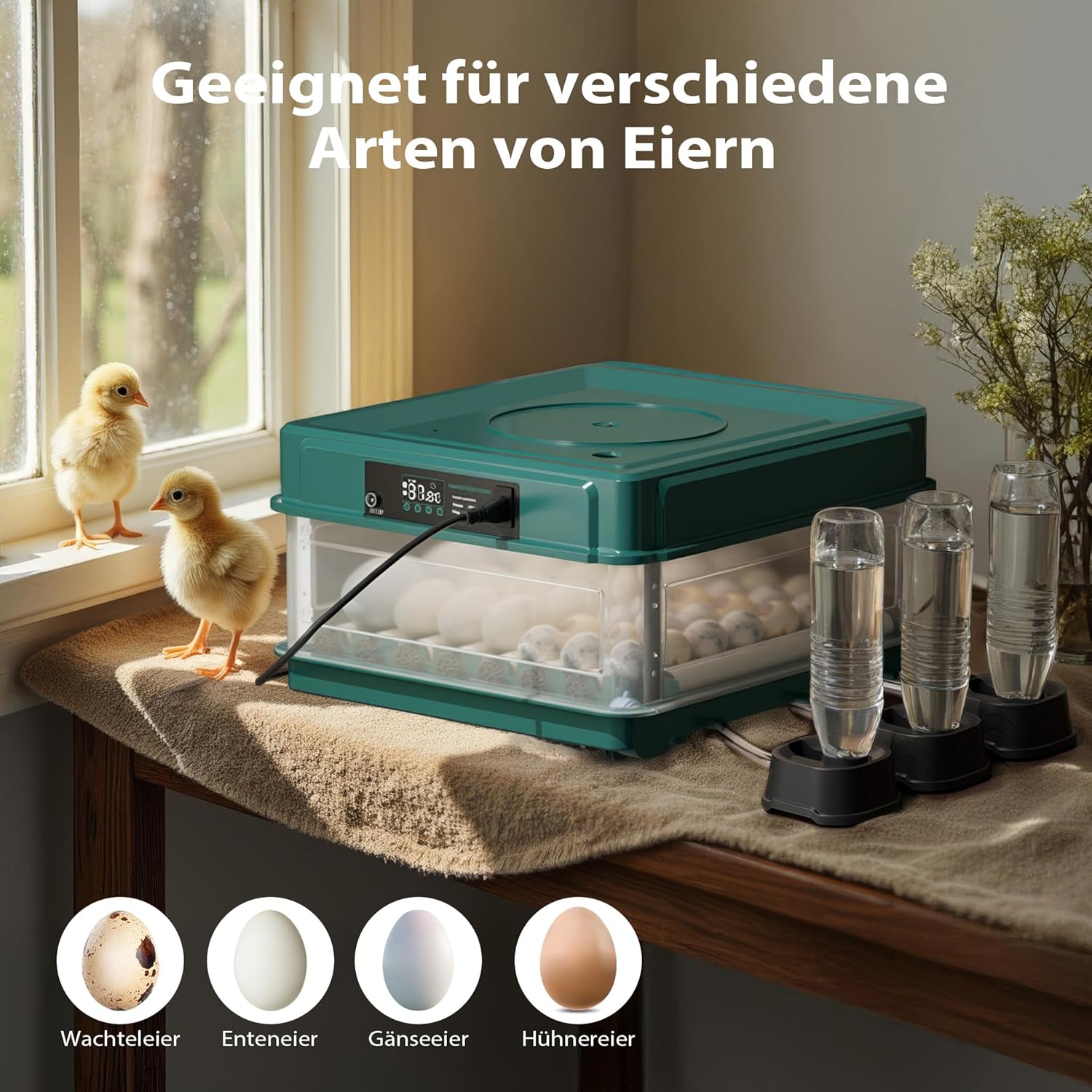 Fudajo Incubator with various types of eggs: quail, duck, goose, chicken