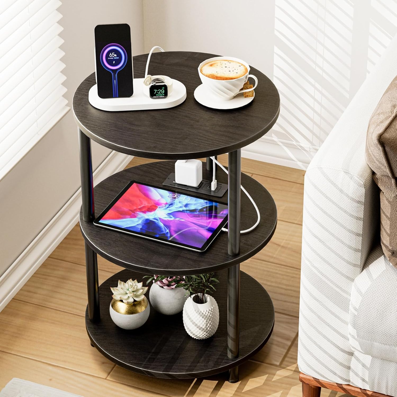 Small Round End Table - 3 Tier Design Accent Table, Narrow Side or Bedside Stand, Industrial Vintage Table for Small Spaces, Built-in USB Ports and Power Outlet, Charcoal Wenge 1 Pack With Power Outlets Charcoal Wenge