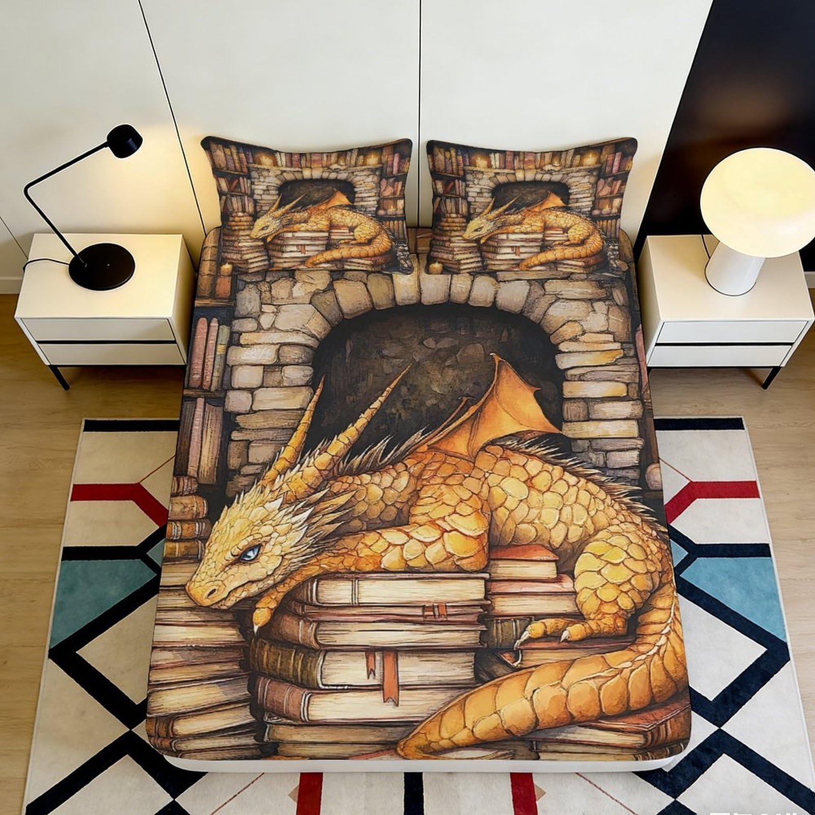 3D Printed Golden Dragon Castle Fitted Sheet Microfiber Anti-Slip Bed Sheet for Bedroom Dorm Mattress Decor 90x200x25cm